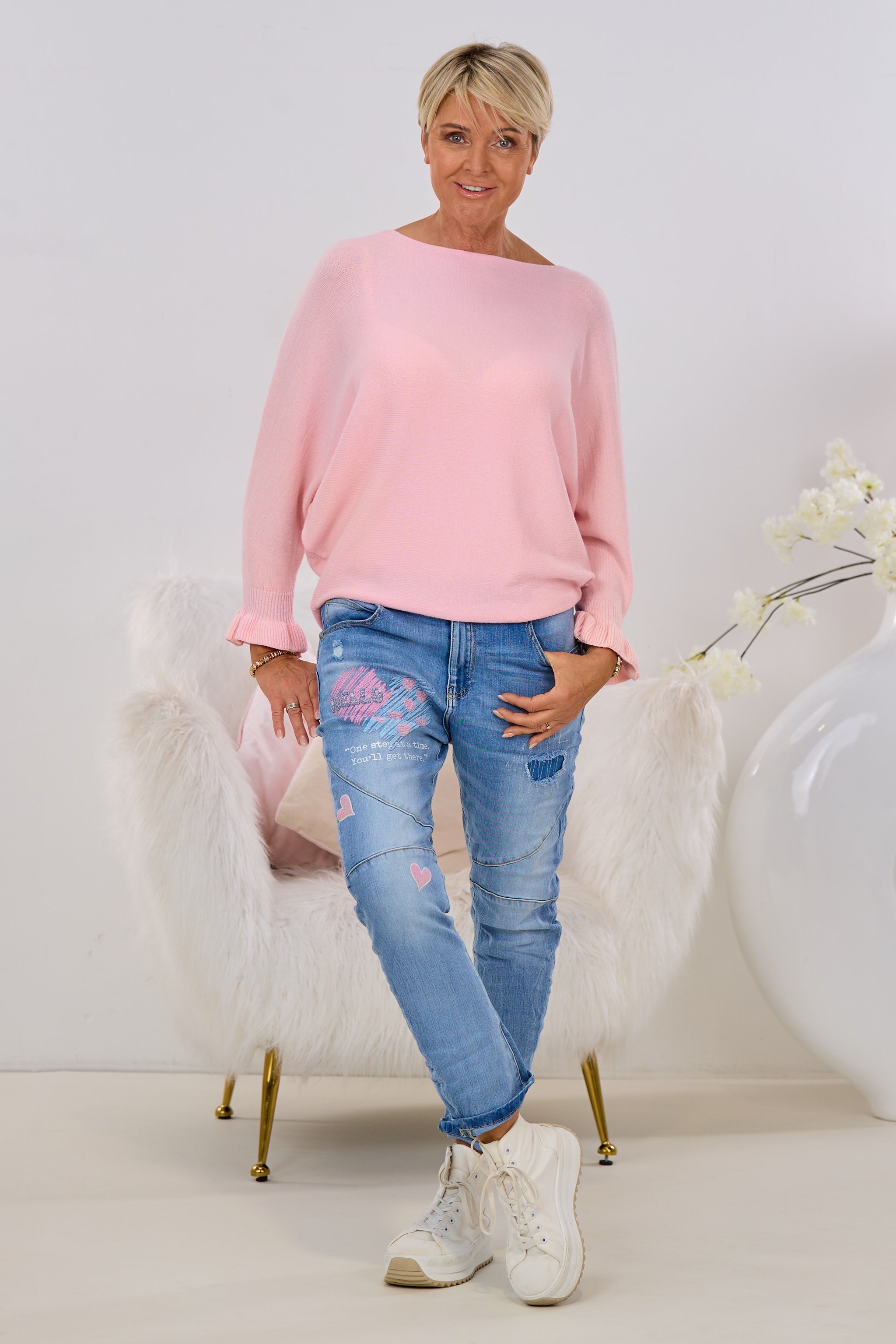 Strickpulli mit Rüschenärmeln, rosa