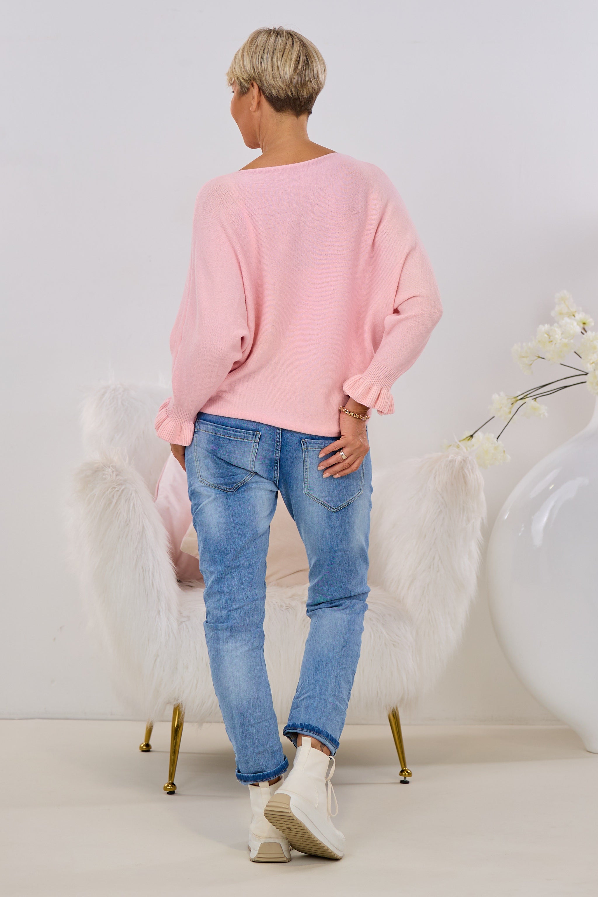 Strickpulli mit Rüschenärmeln, rosa