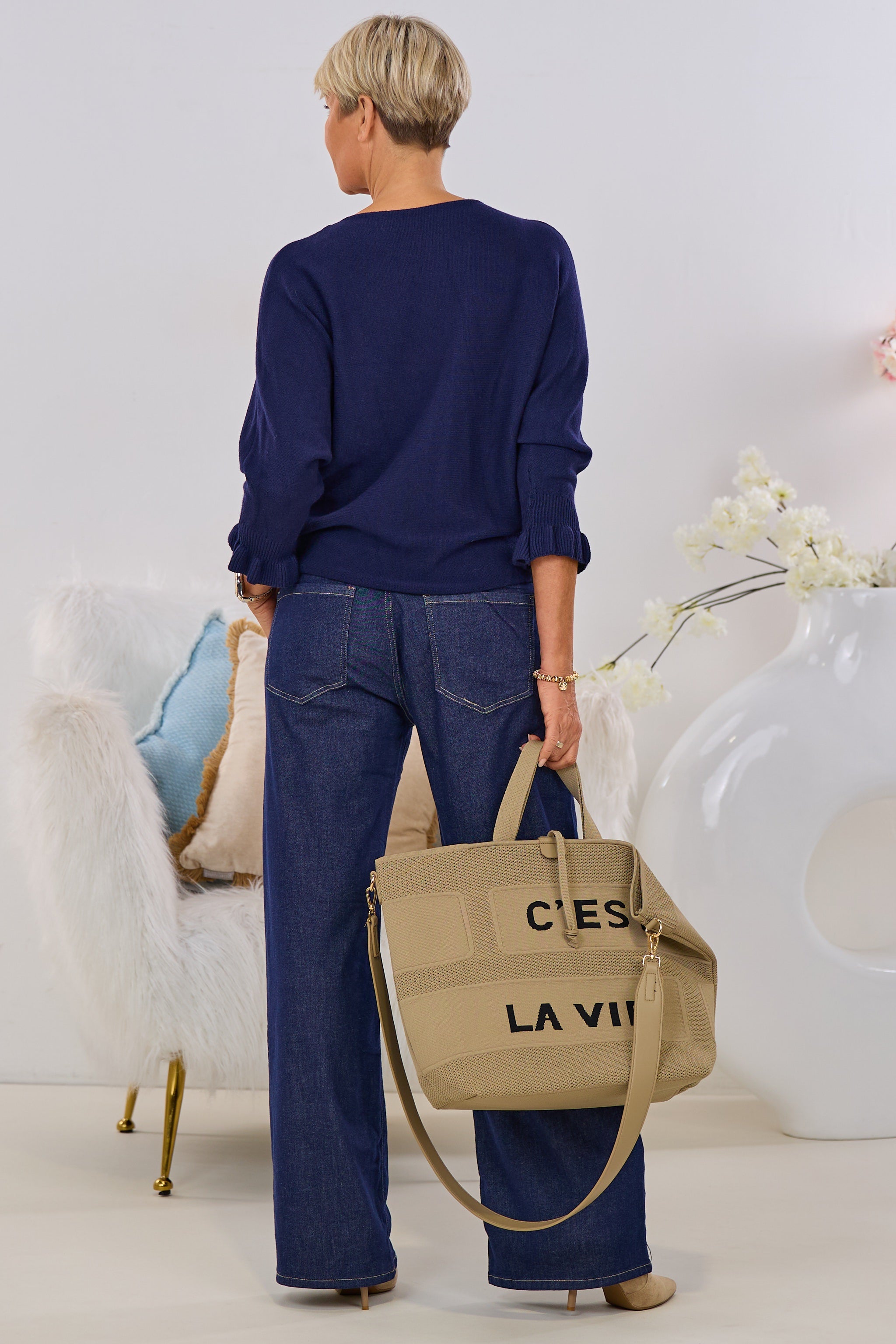 Strickpulli mit Rüschenärmeln, marine