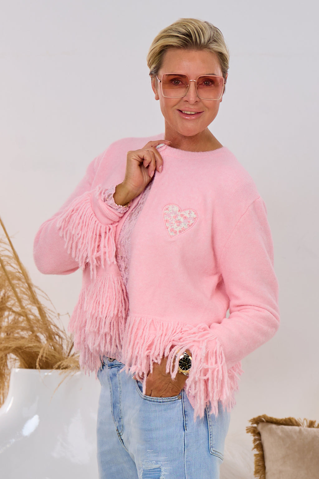 Süßer Cardigan mit Fransen, rosa