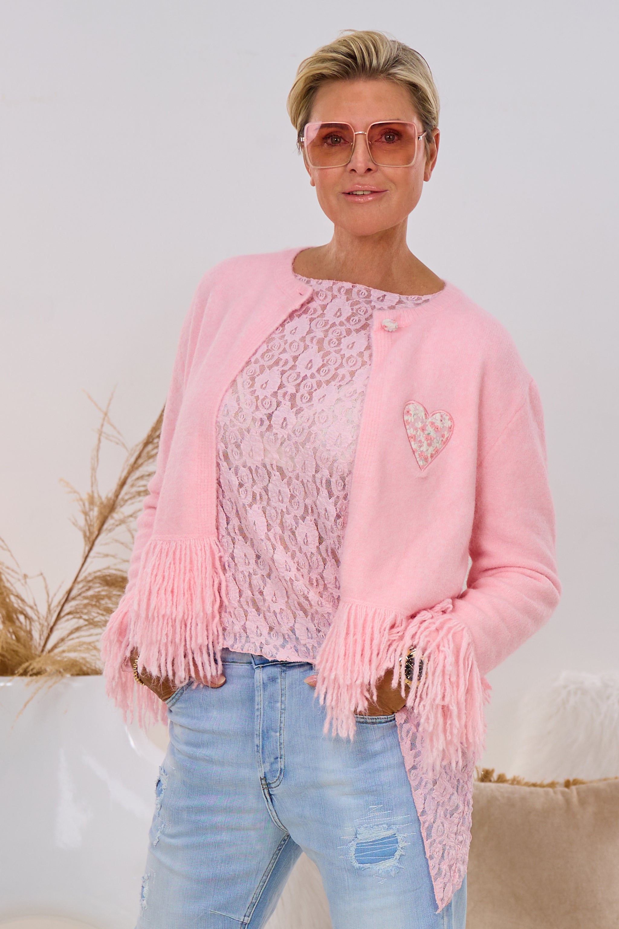 Süßer Cardigan mit Fransen, rosa