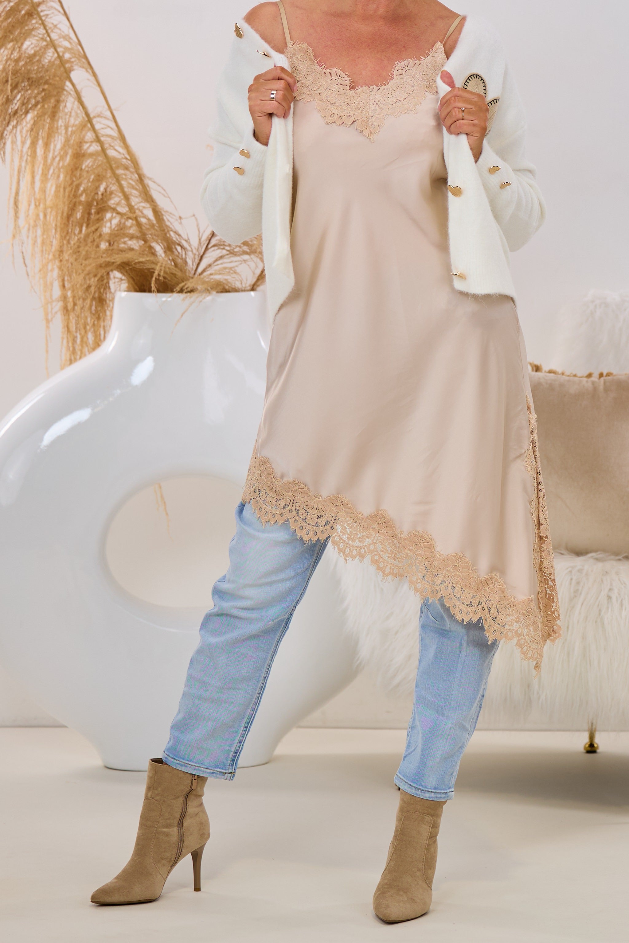 Longtop mit Spitze, champagner