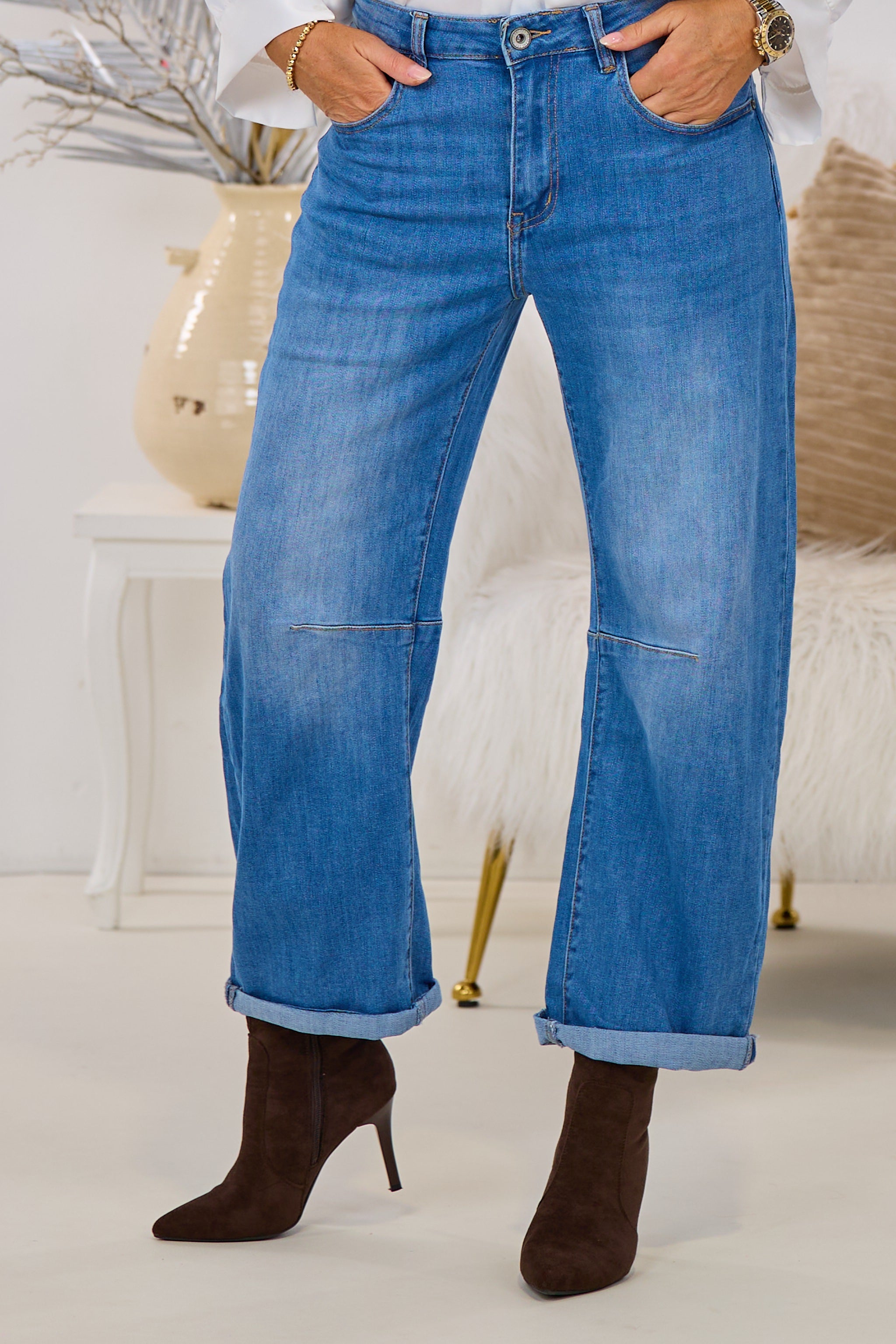 Mid Waist Jeans mit weiten Beinen, denim blue