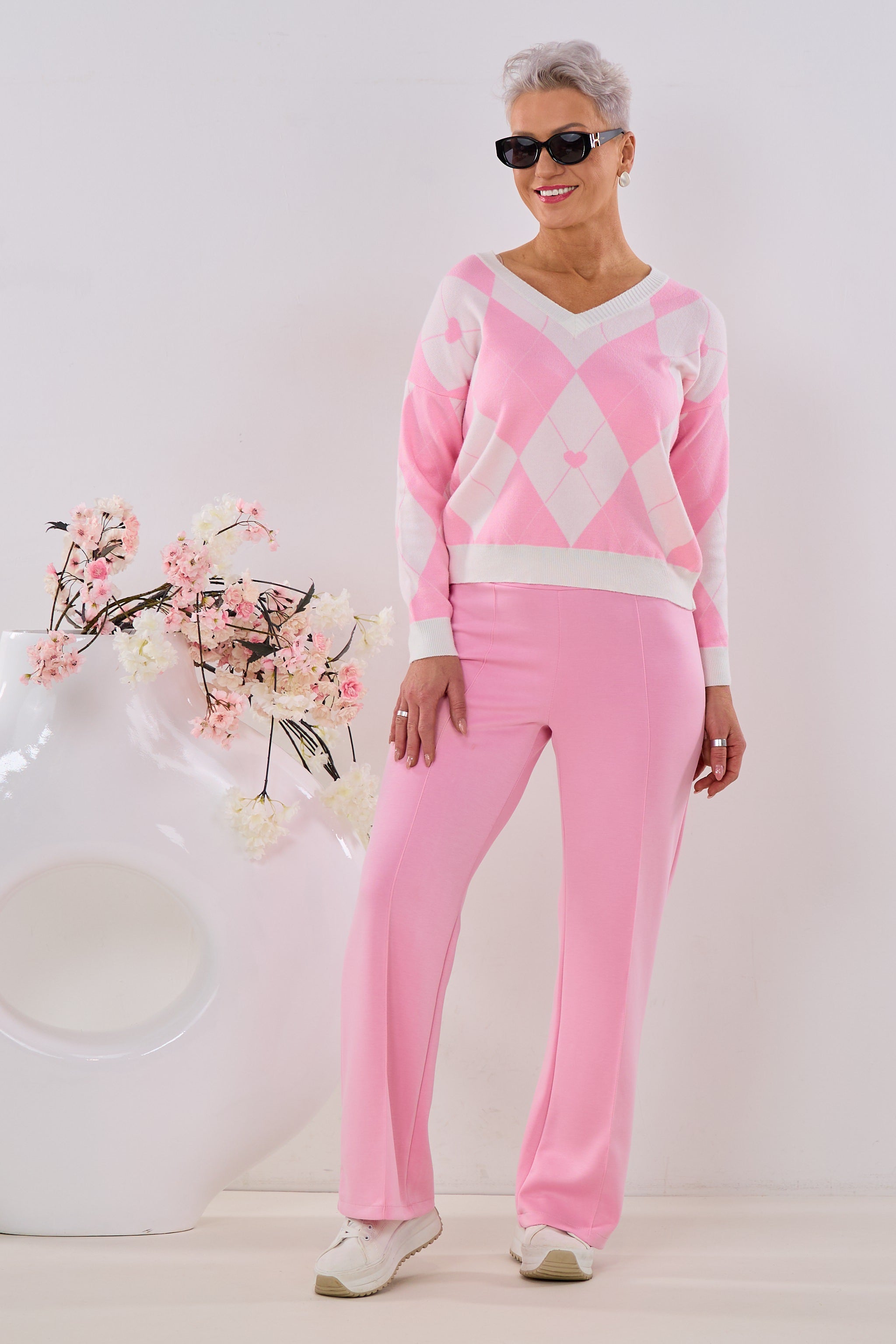 Strickpulli mit Rautenmuster, rosa-ecru