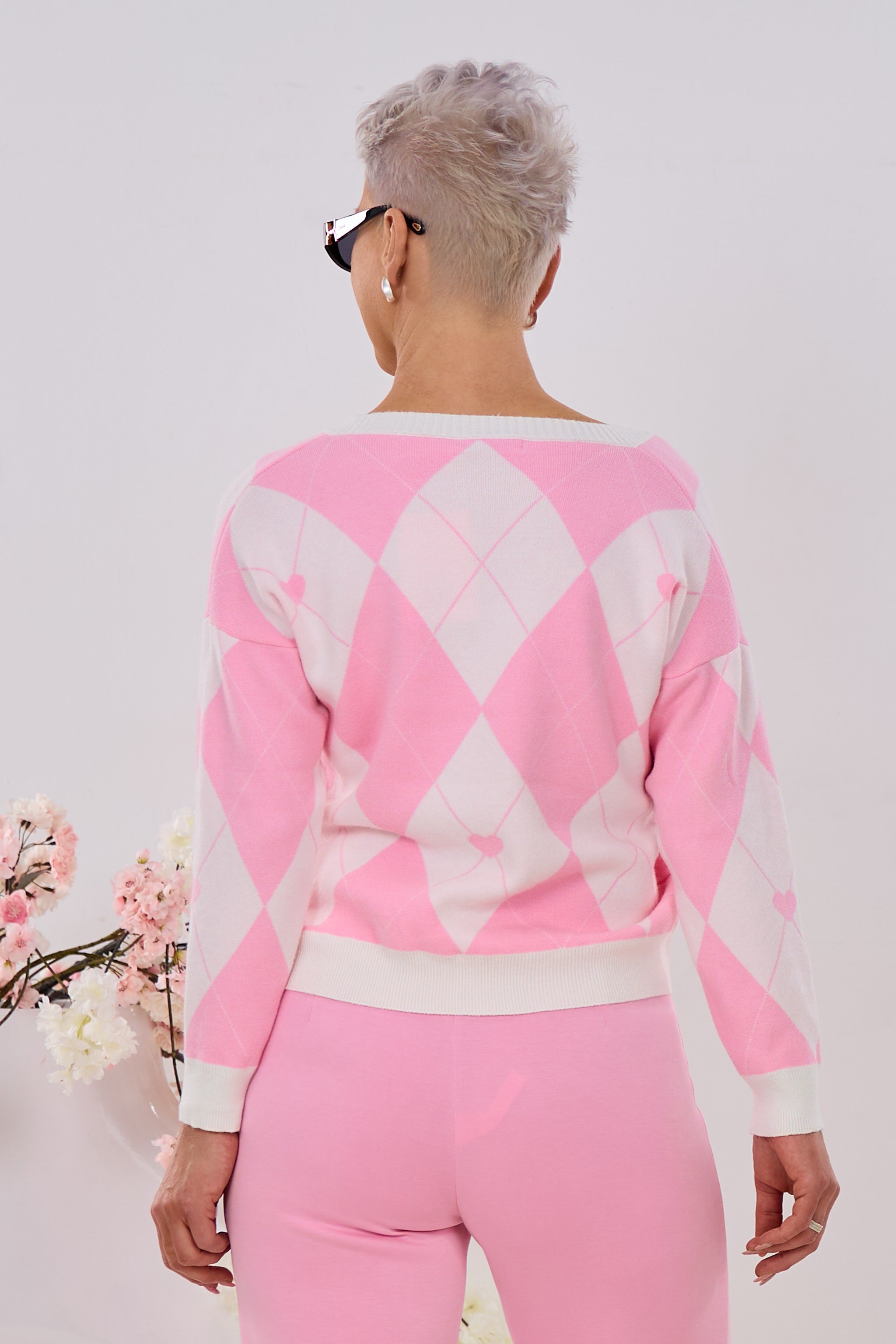 Strickpulli mit Rautenmuster, rosa-ecru