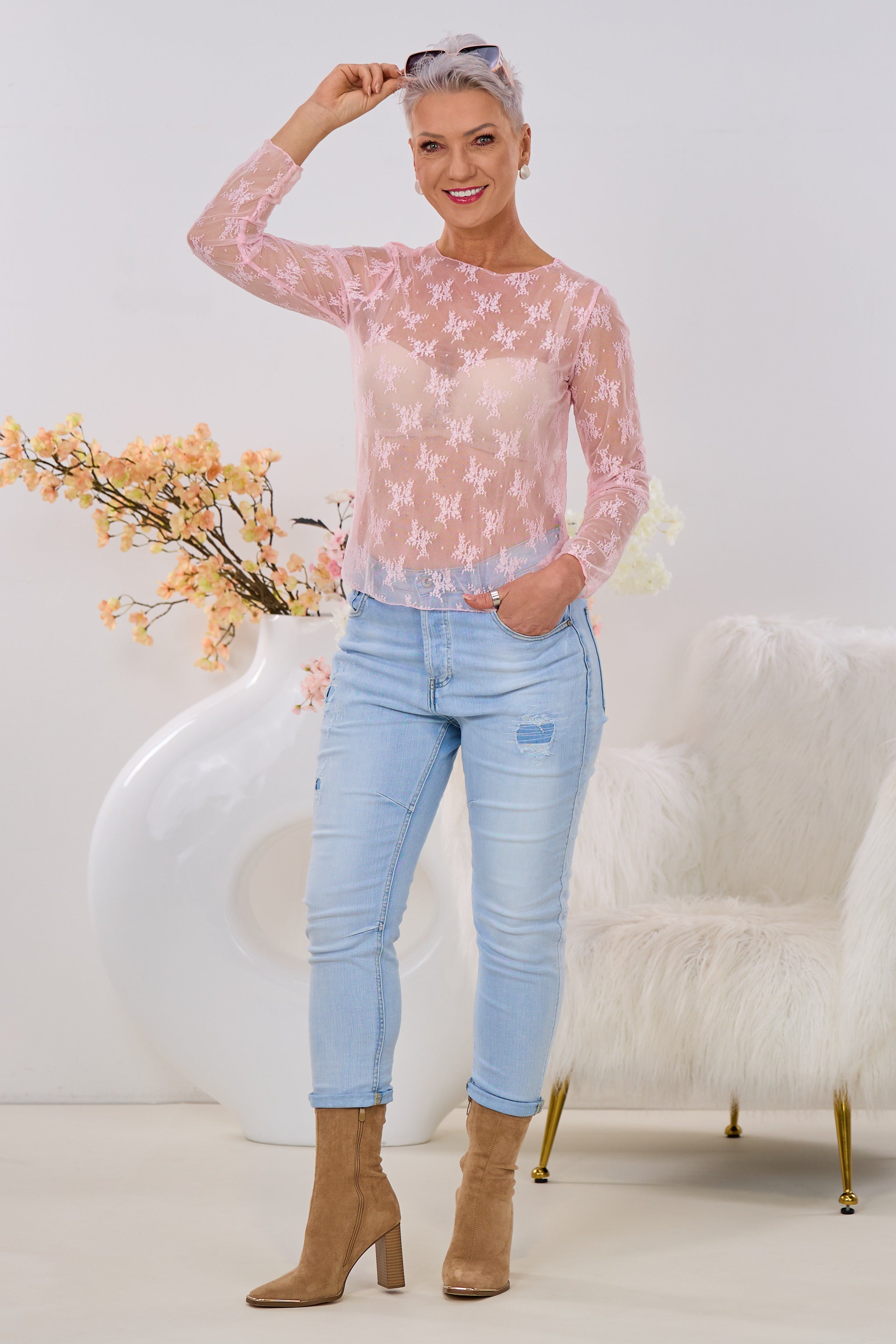 Feines Spitzen-Langarmshirt, rosa