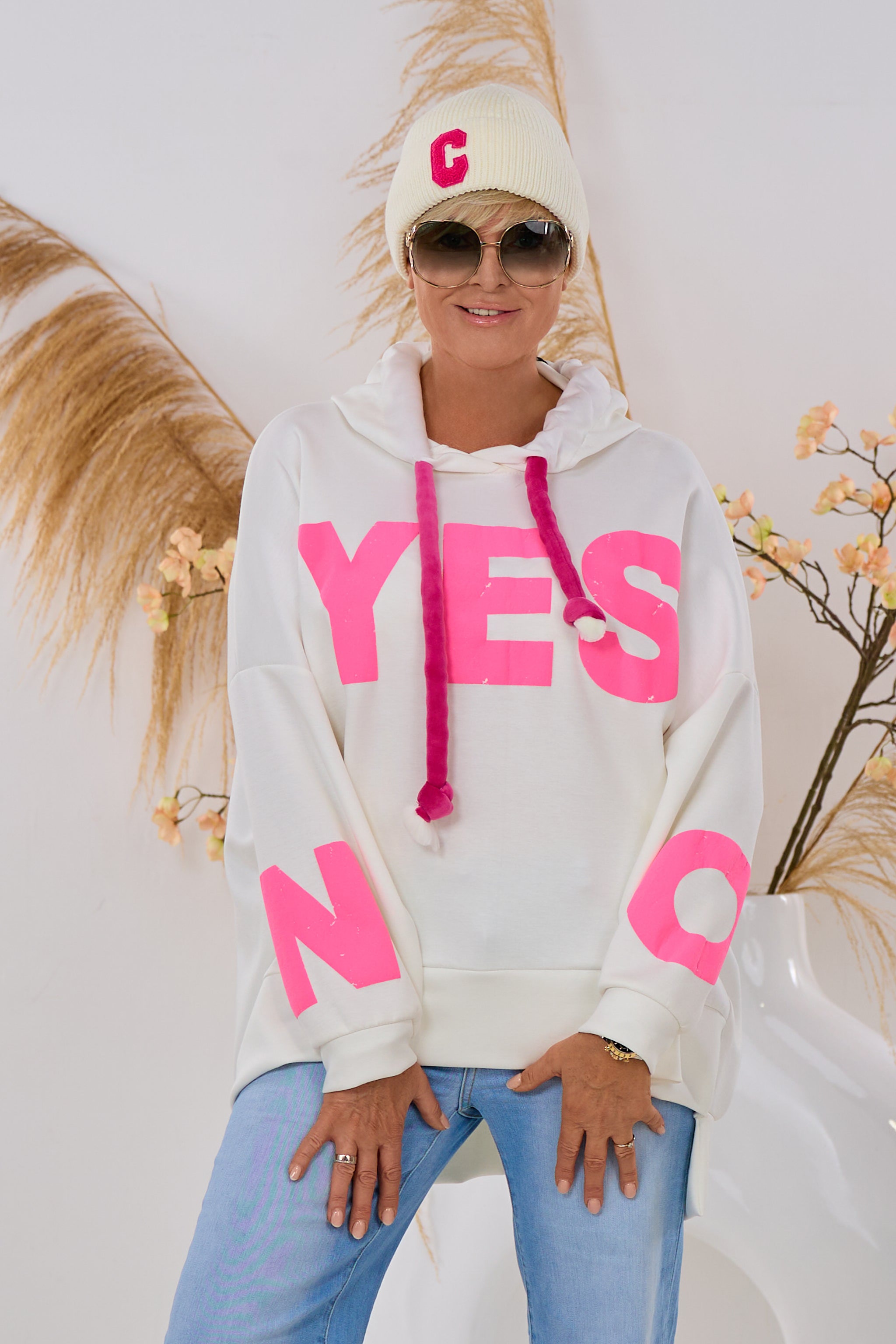 Cozy Hoodie YES - NO, ecru-pink