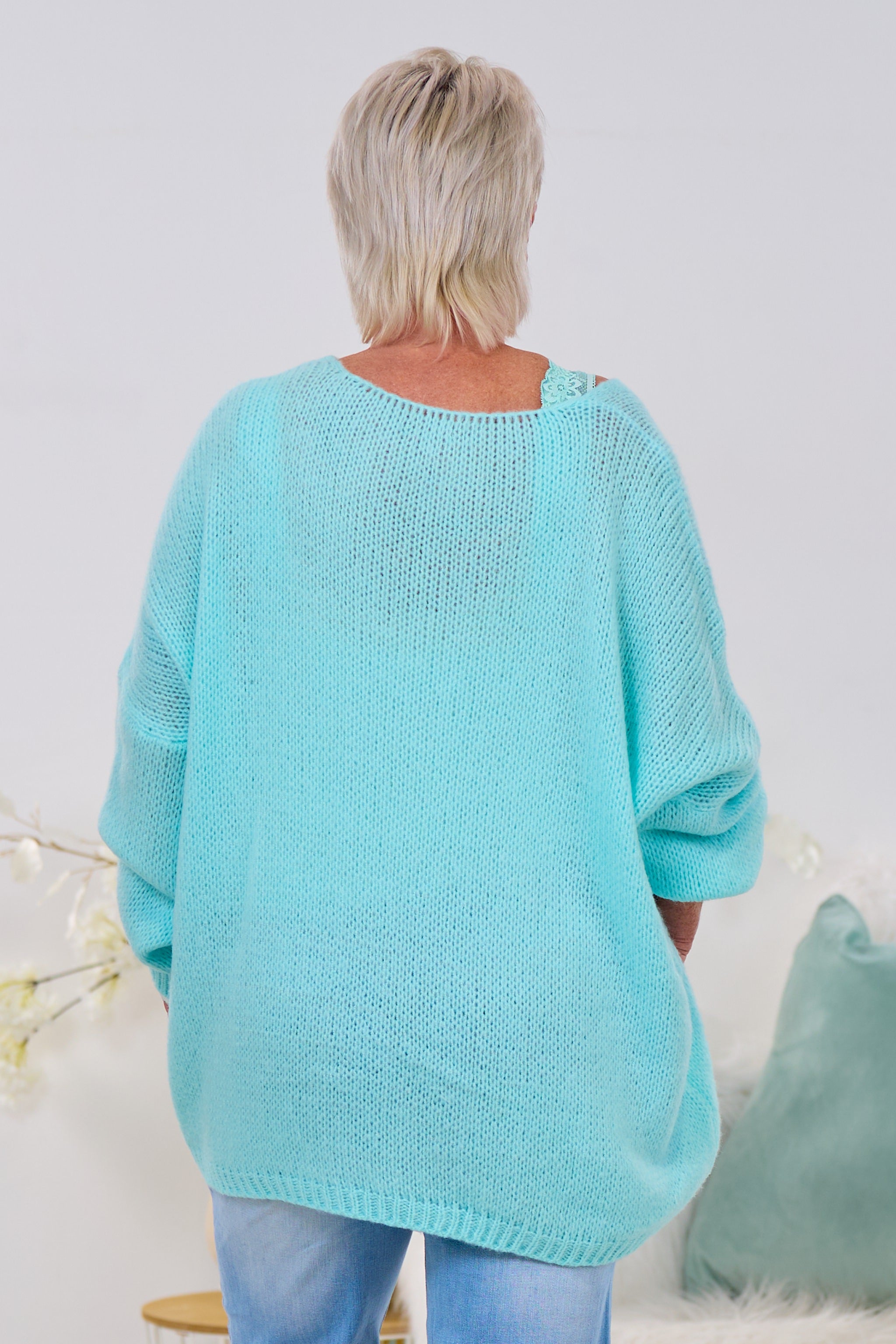Oversized Strickpulli mit V-Ausschnitt, türkis