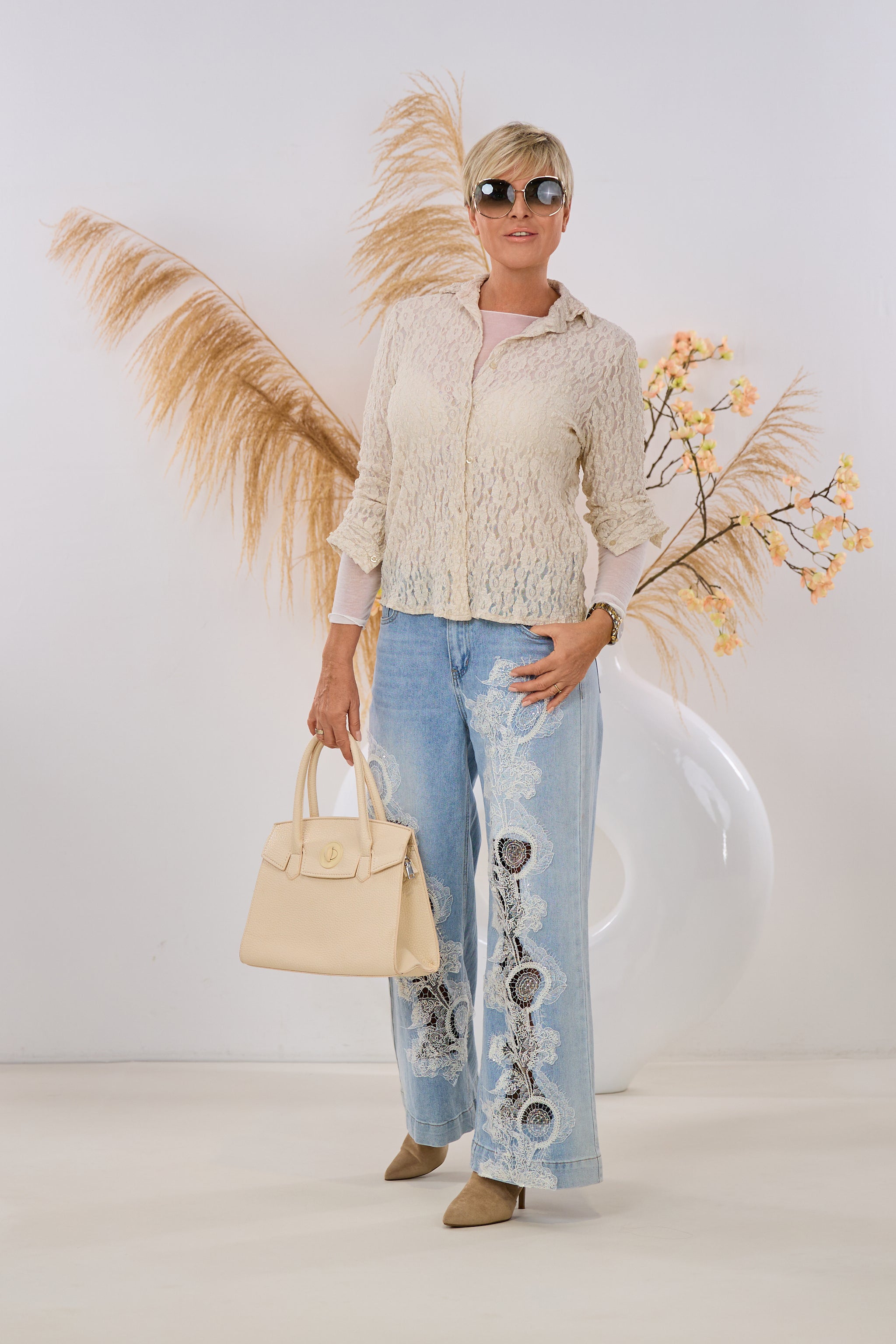 Spitzen-Langarmbluse, beige