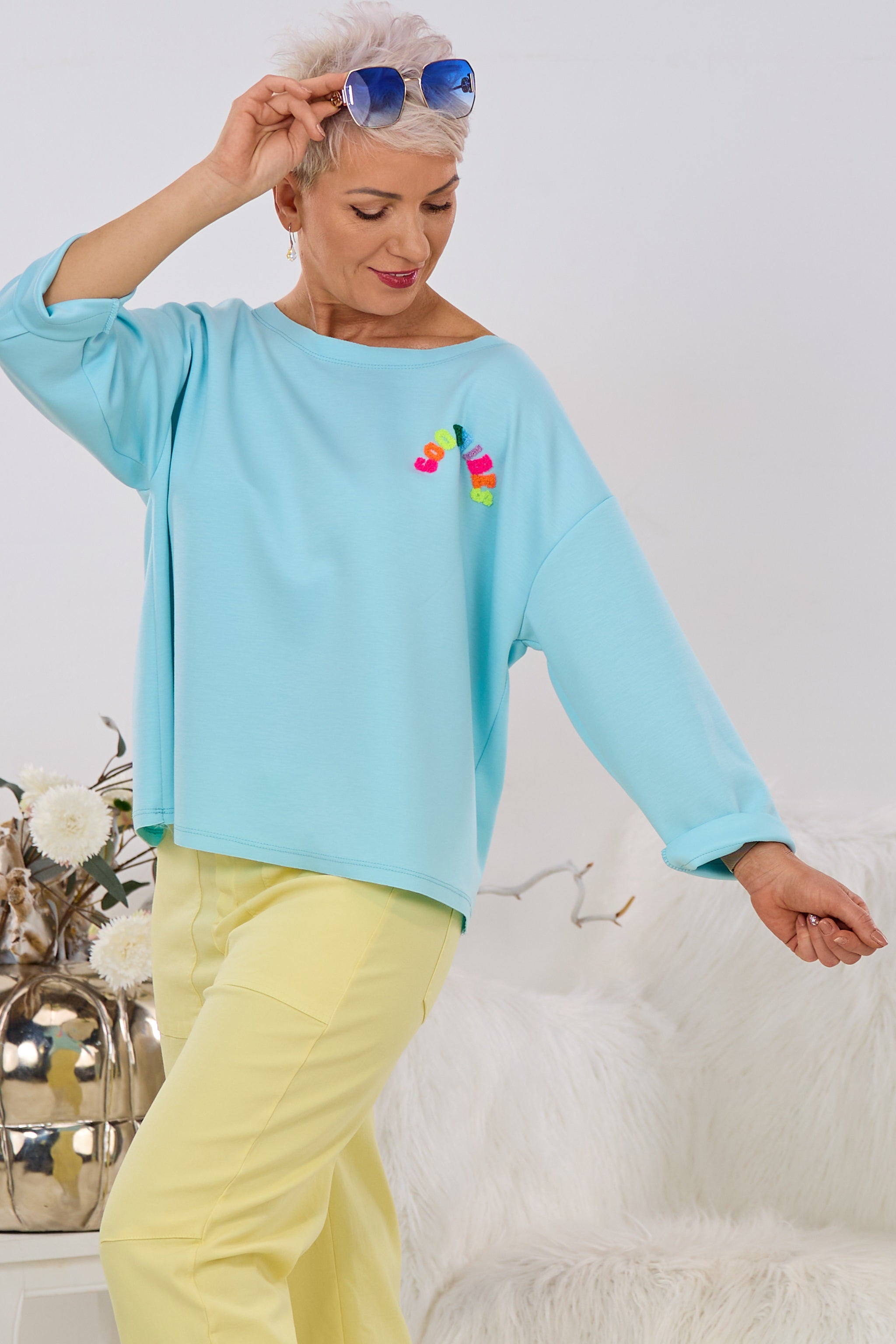 Cozy-Shirt mit GOODVIBES-Flock, türkis