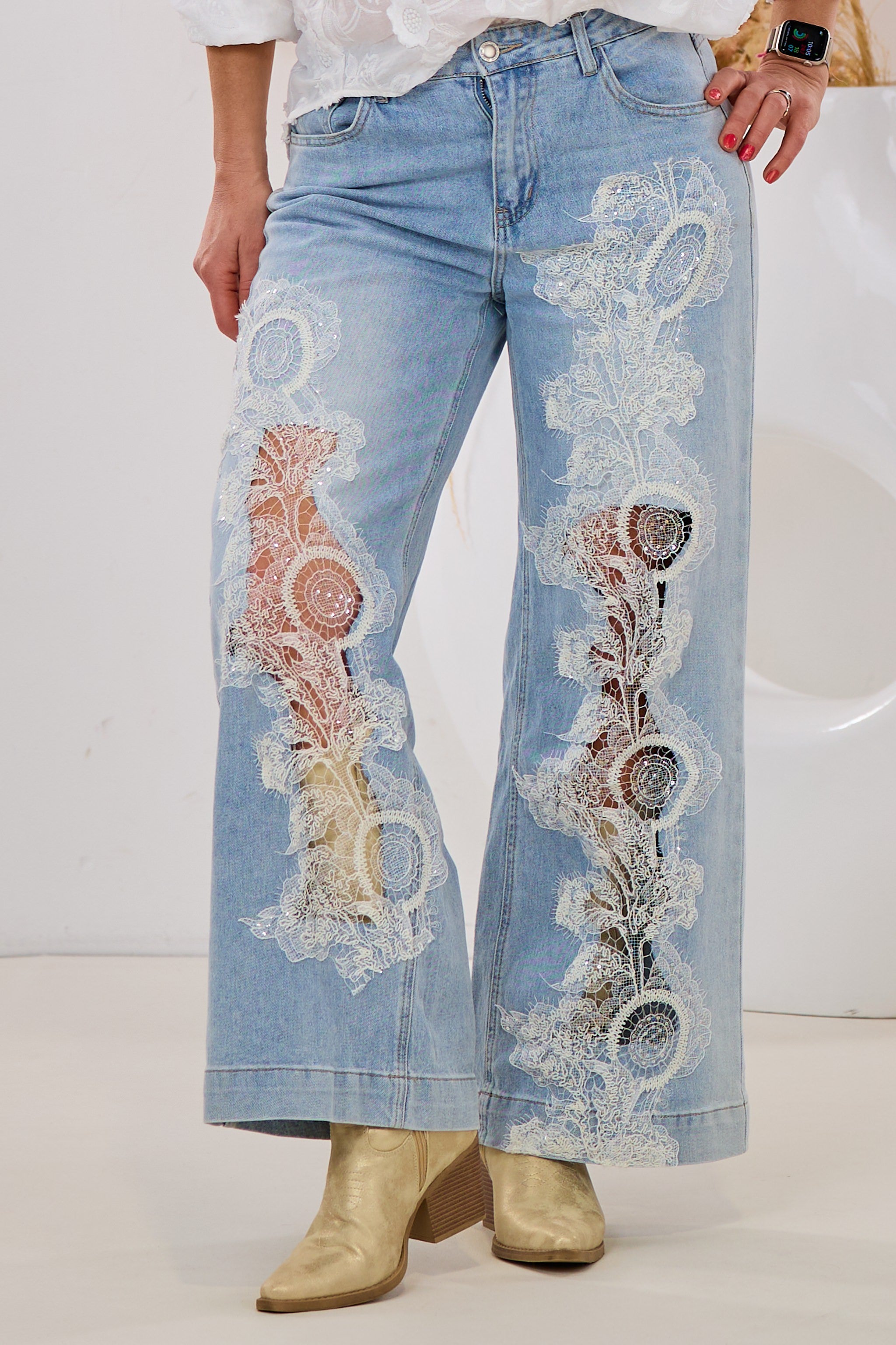 Mid Waist Jeans mit Spitzeneinsatz, denim blue