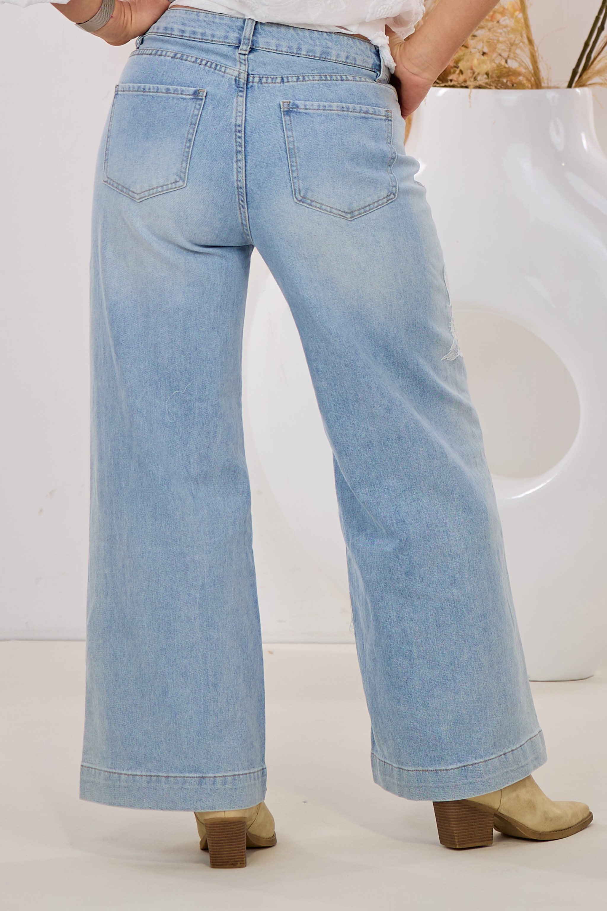 Mid Waist Jeans mit Spitzeneinsatz, denim blue