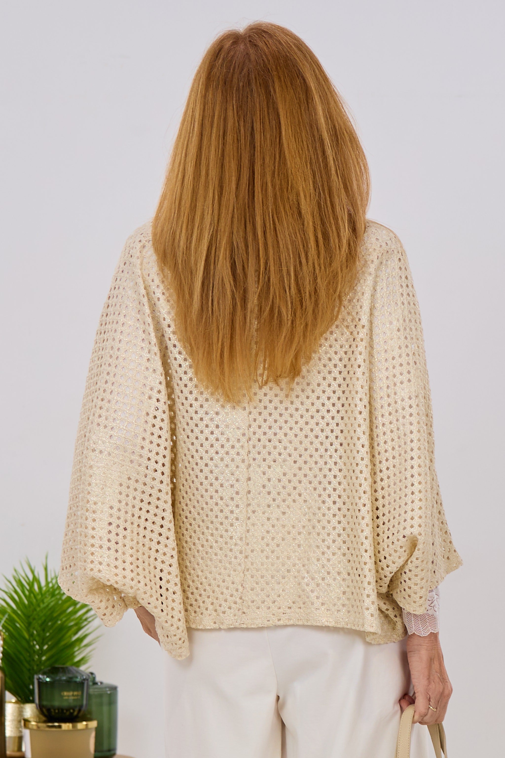 Lochstrick Pulli mit Fledermausärmeln, creme glänzend