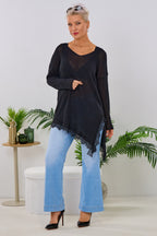 Asymmetrischer Strickpulli mit Spitze, schwarz