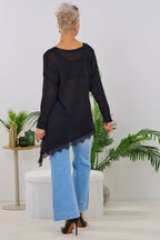 Asymmetrischer Strickpulli mit Spitze, schwarz