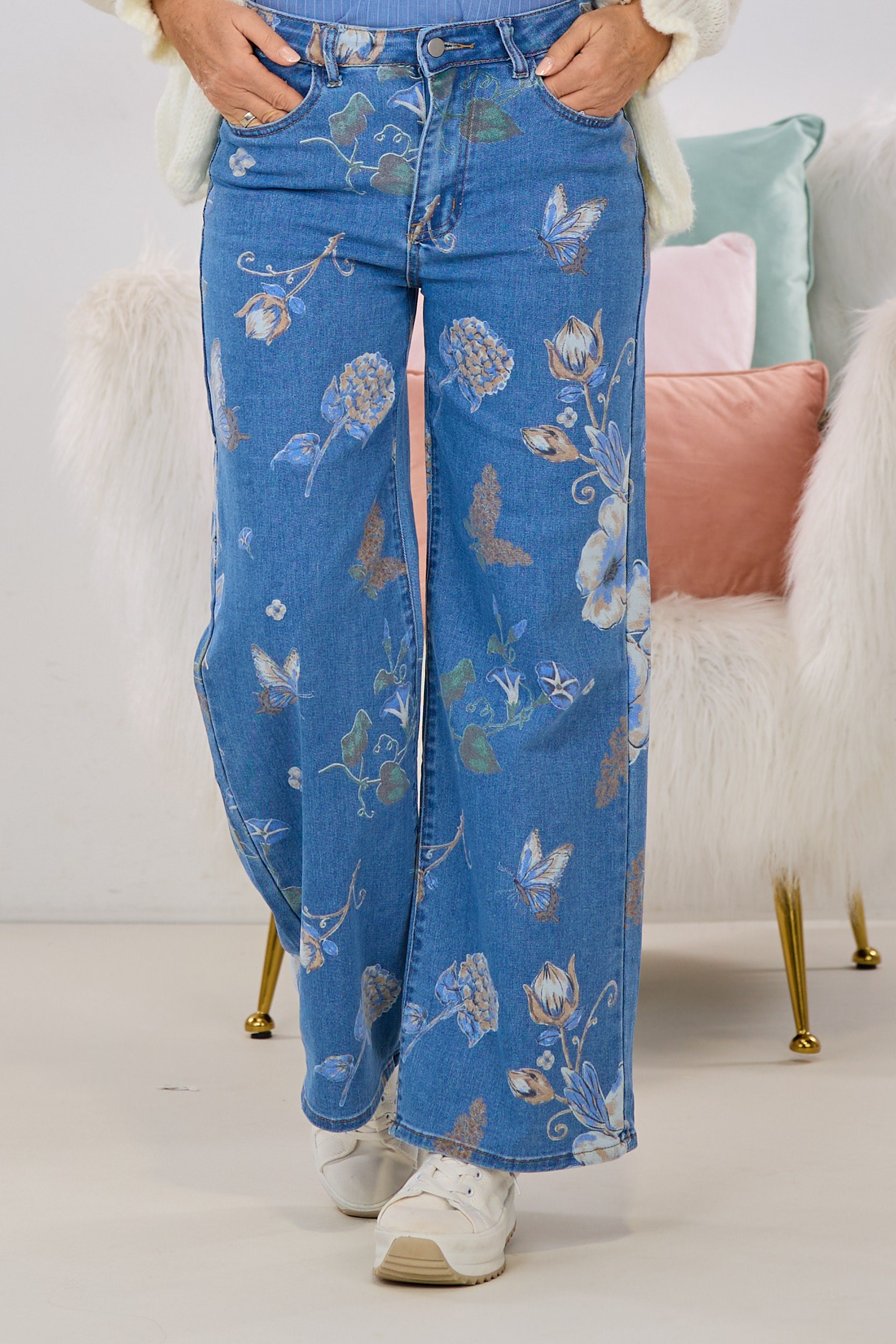 Mid Waist Jeans mit Blumen, denim