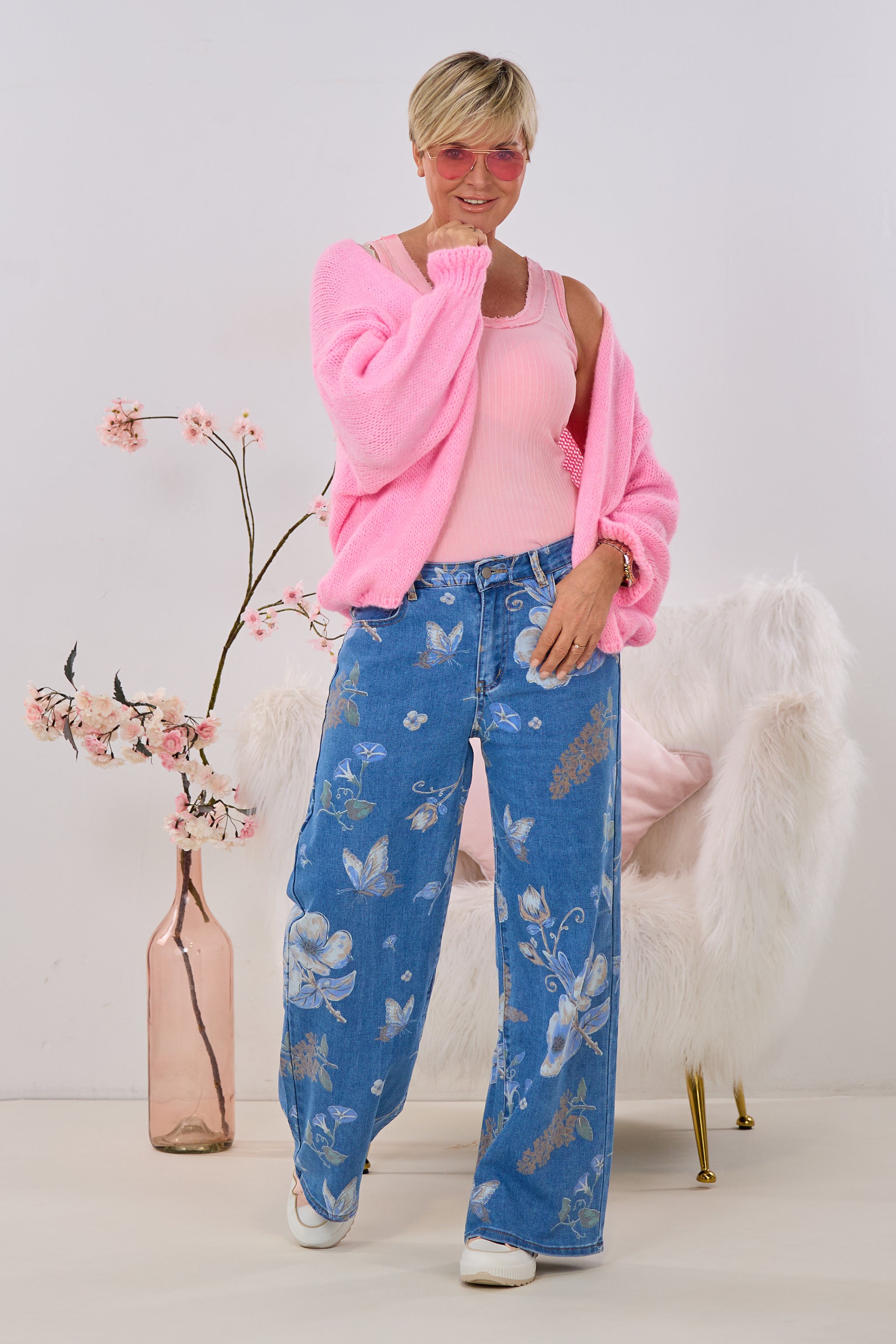 Strickjacke mit Rüschen-Ärmlen, candy rosa