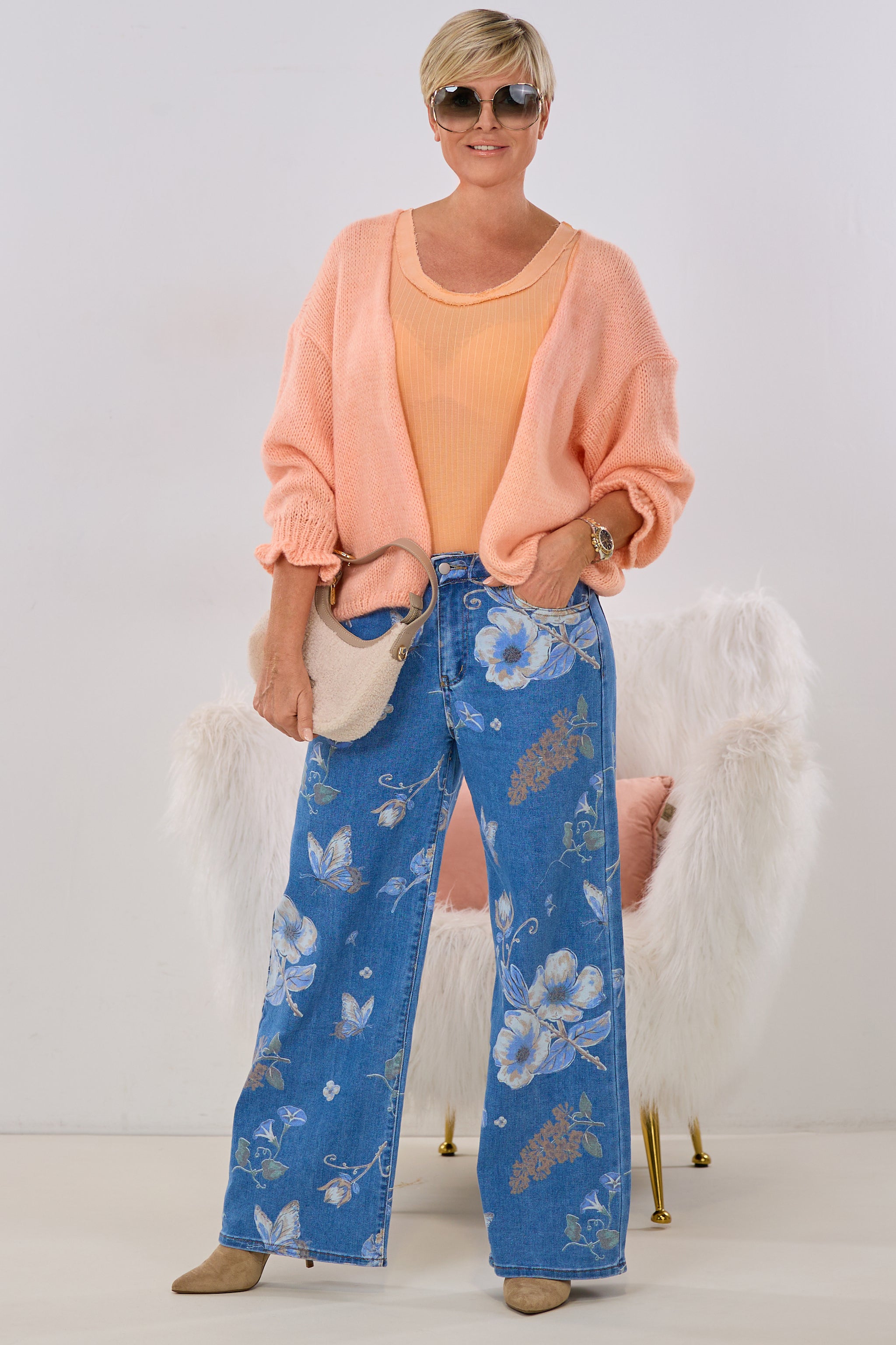 Strickjacke mit Rüschen-Ärmlen, apricot