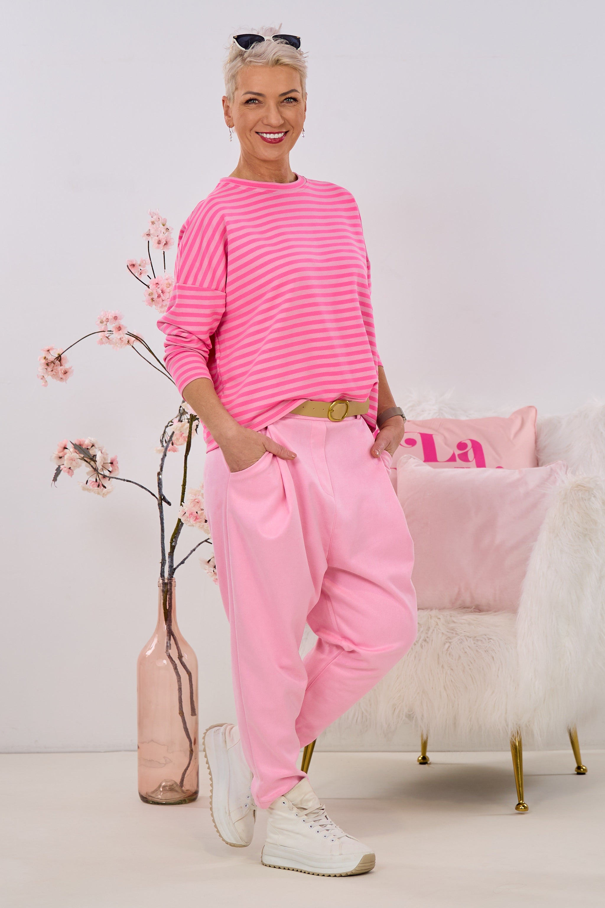 Schmal geringeltes Shirt, rosa-pink