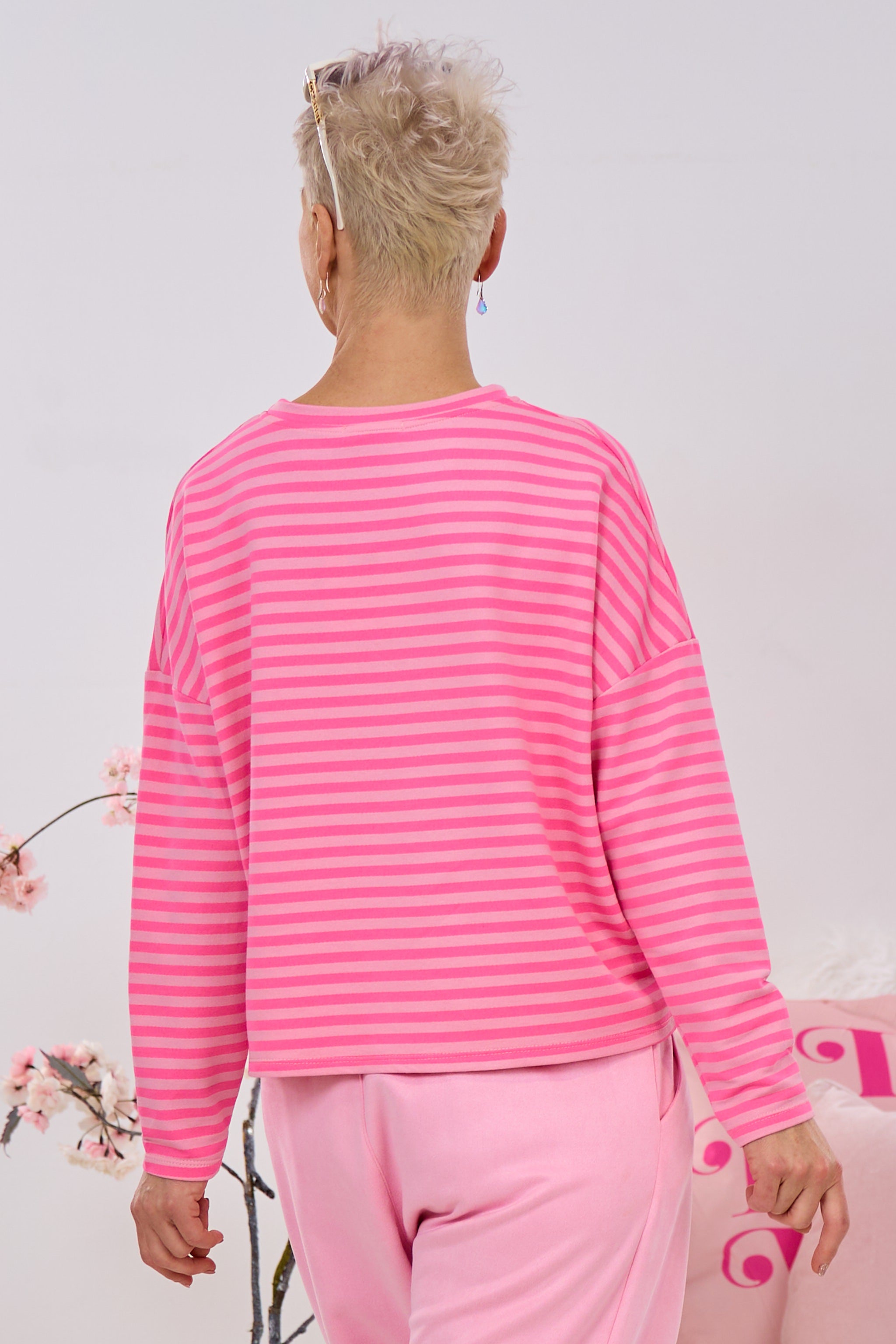 Schmal geringeltes Shirt, rosa-pink