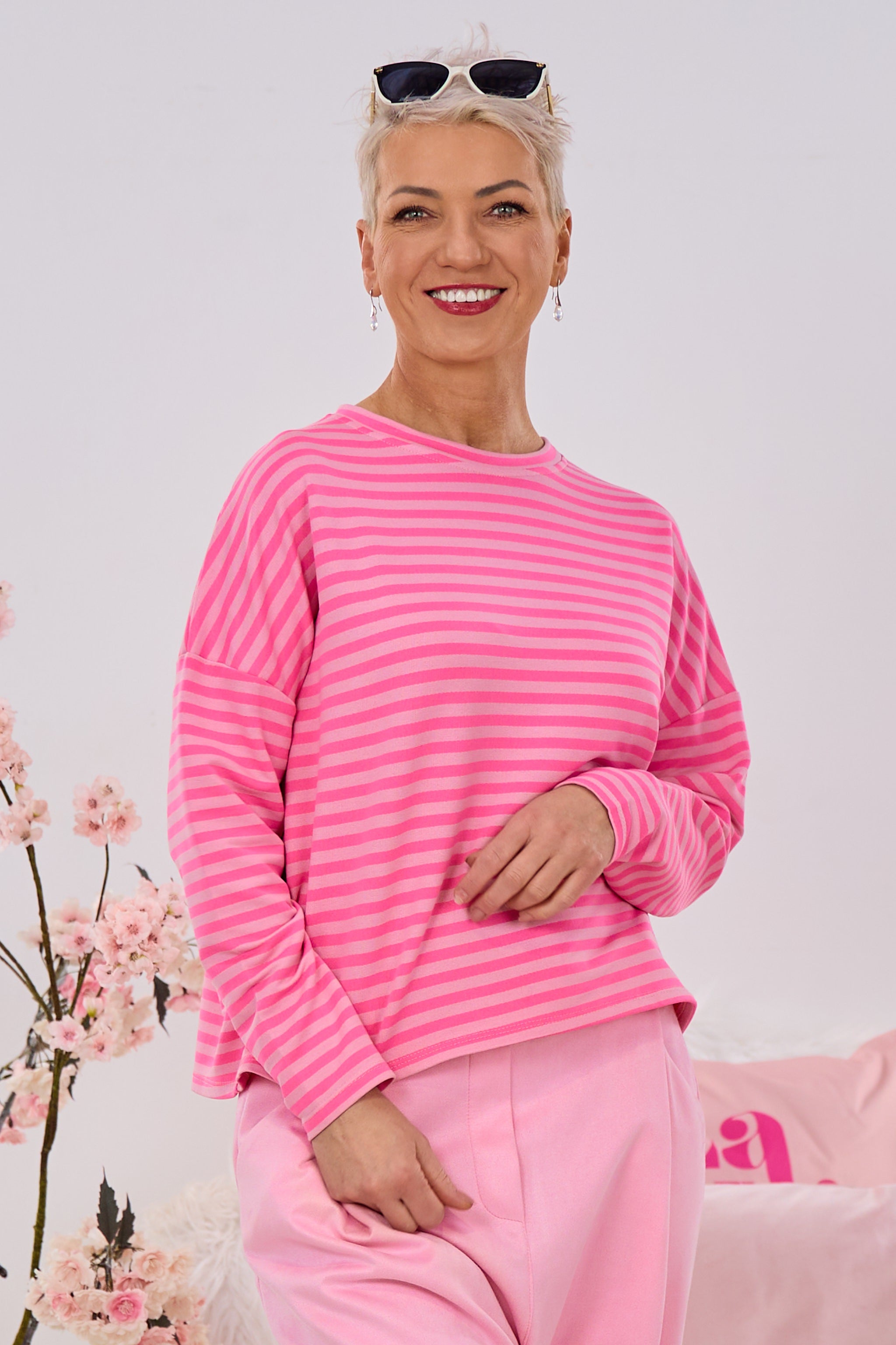 Schmal geringeltes Shirt, rosa-pink