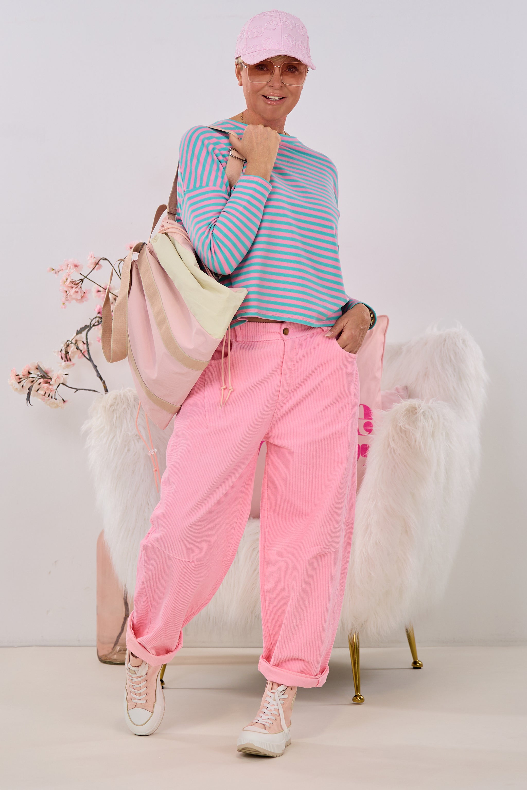 Schmal geringeltes Shirt, türkis-rosa