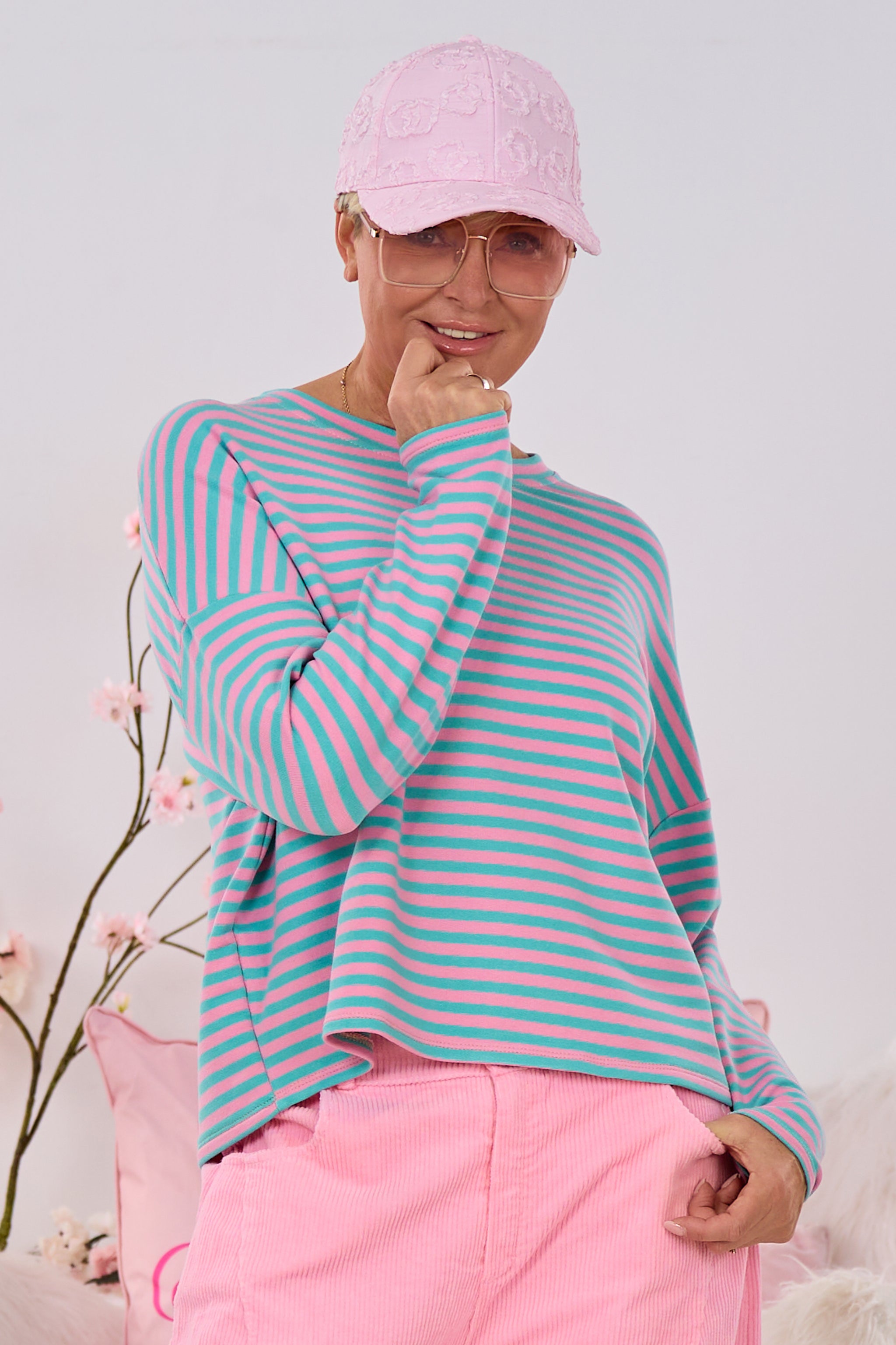 Schmal geringeltes Shirt, türkis-rosa