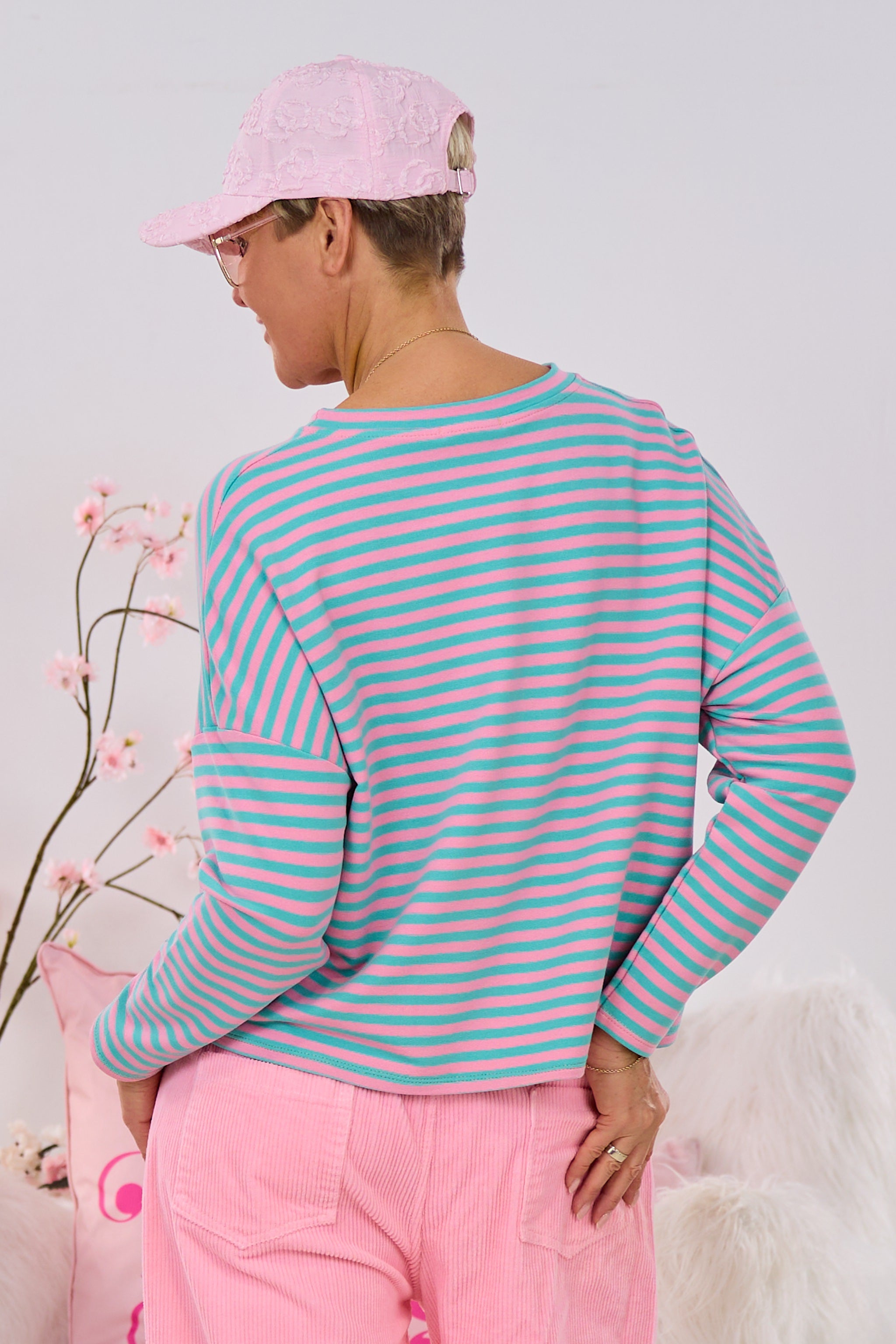 Schmal geringeltes Shirt, türkis-rosa