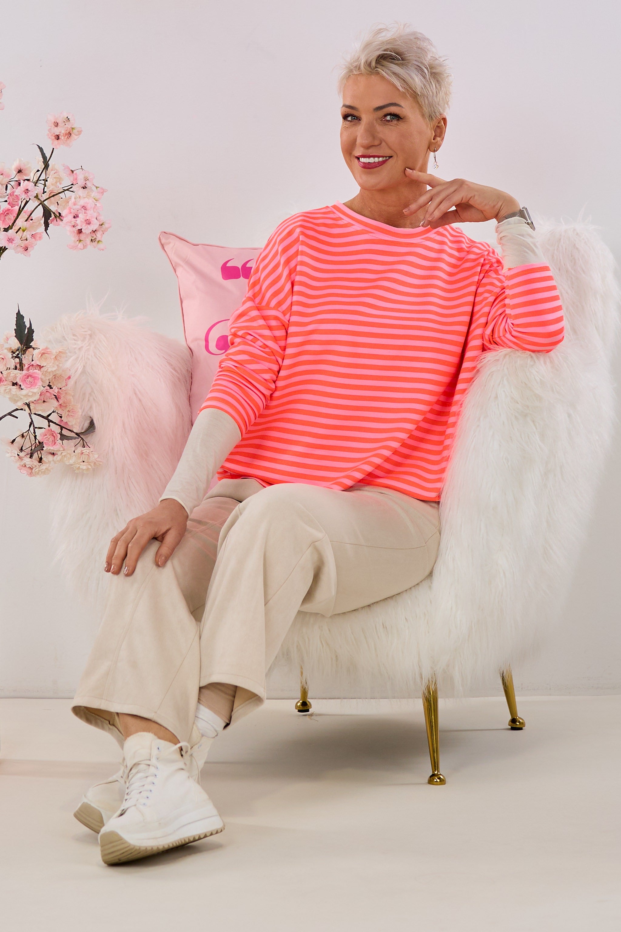 Schmal geringeltes Shirt, orange-rosa