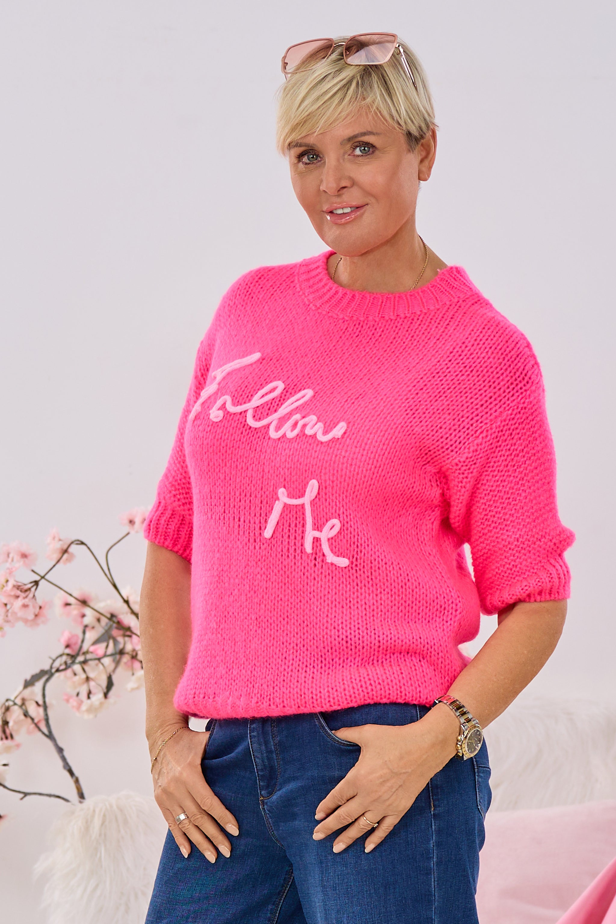 Kurzarm Strickpulli Follow Me, pink