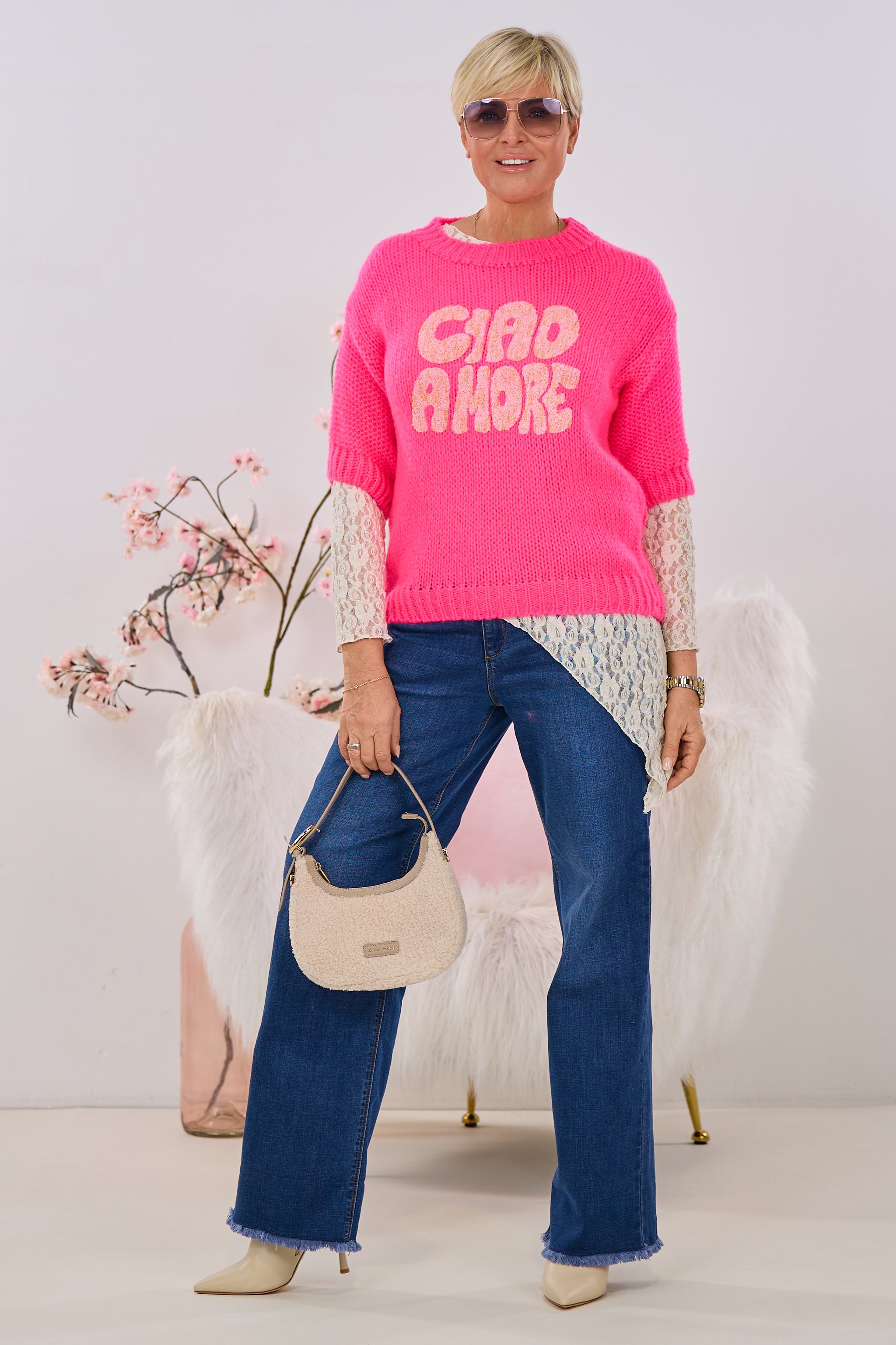 Kurzarm Strickpulli CIAO AMORE, pink-rosa