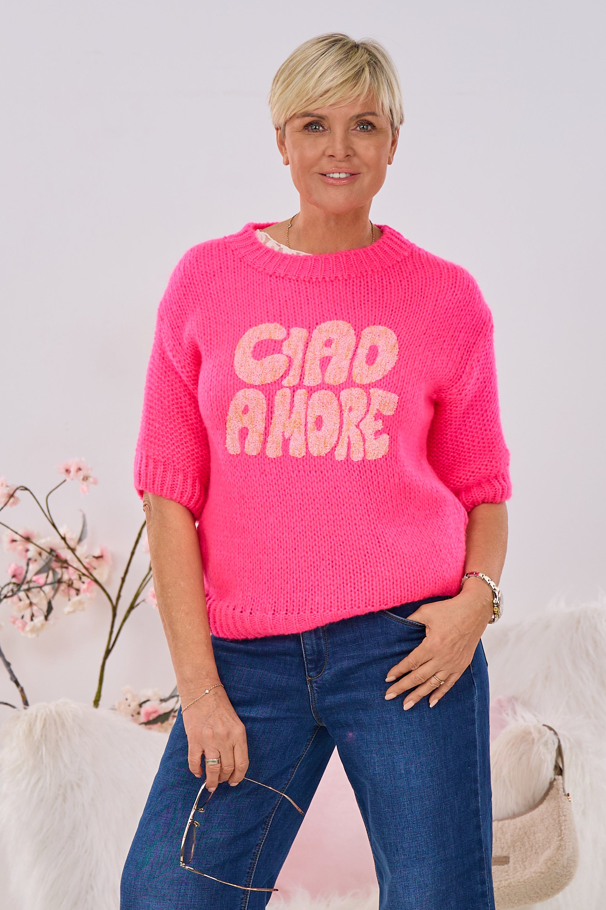 Kurzarm Strickpulli CIAO AMORE, pink-rosa