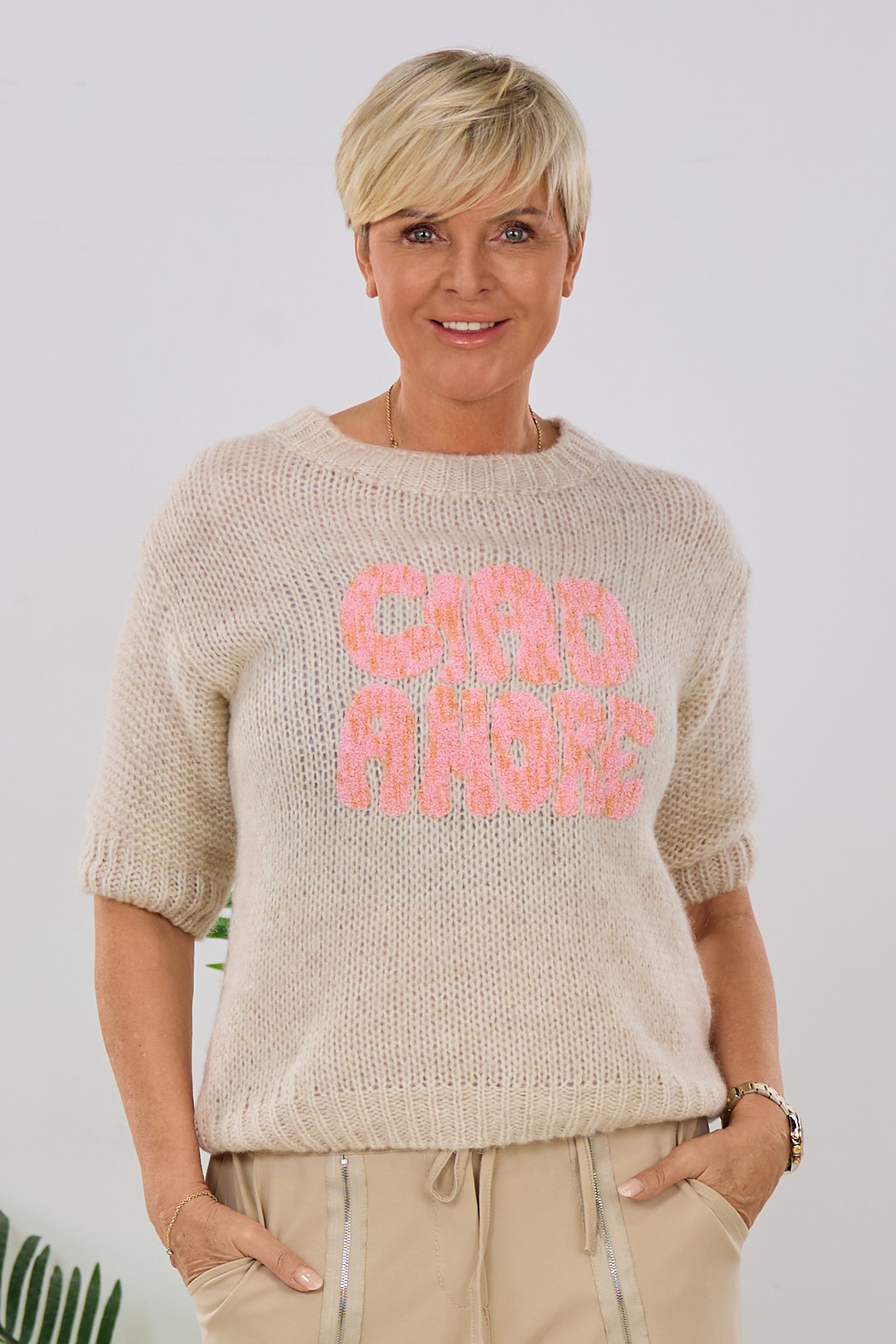 Kurzarm Strickpulli CIAO AMORE, beige-rosa