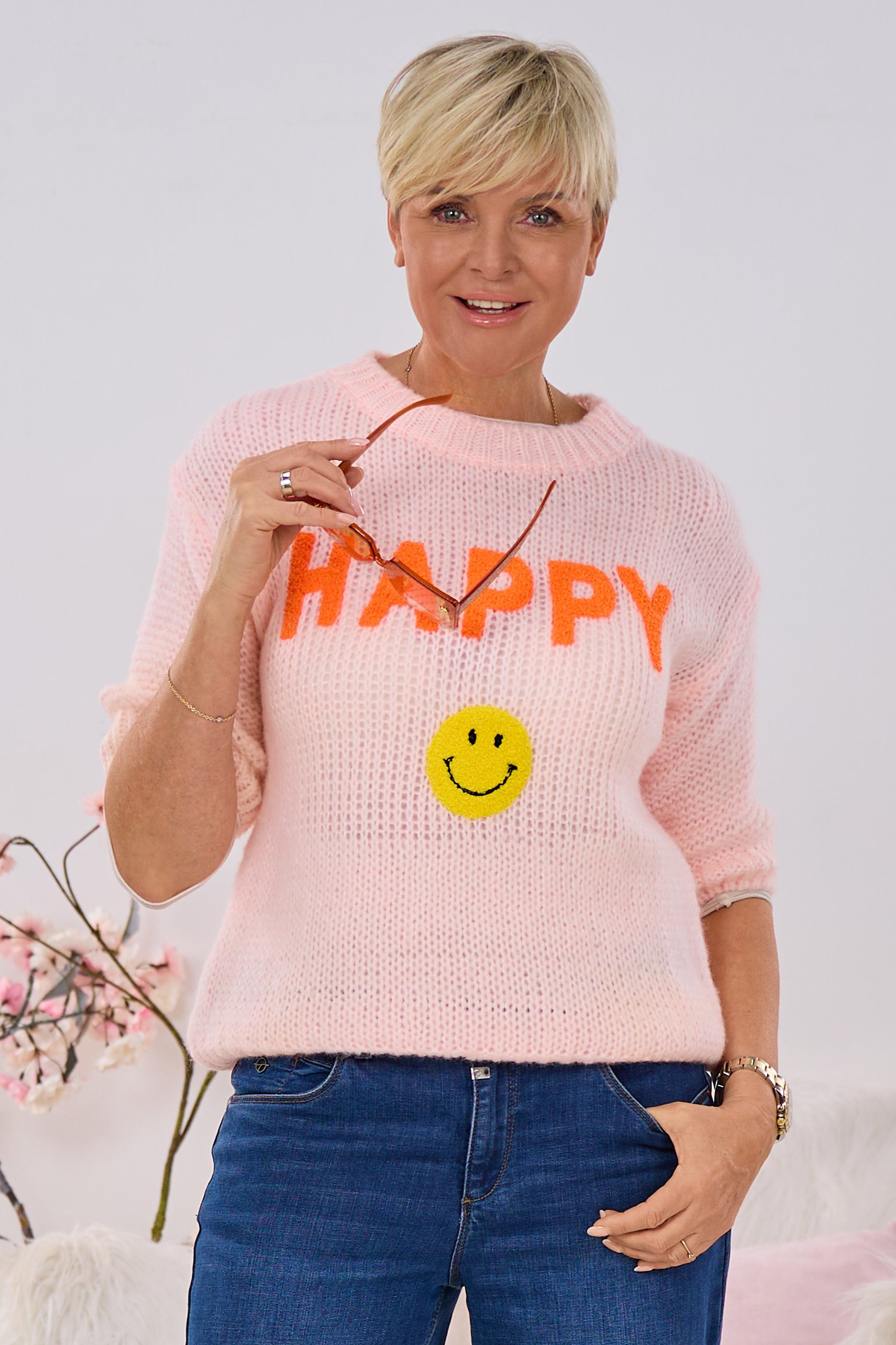 Kurzarm Strickpulli HAPPY, rosa-orange-gelb