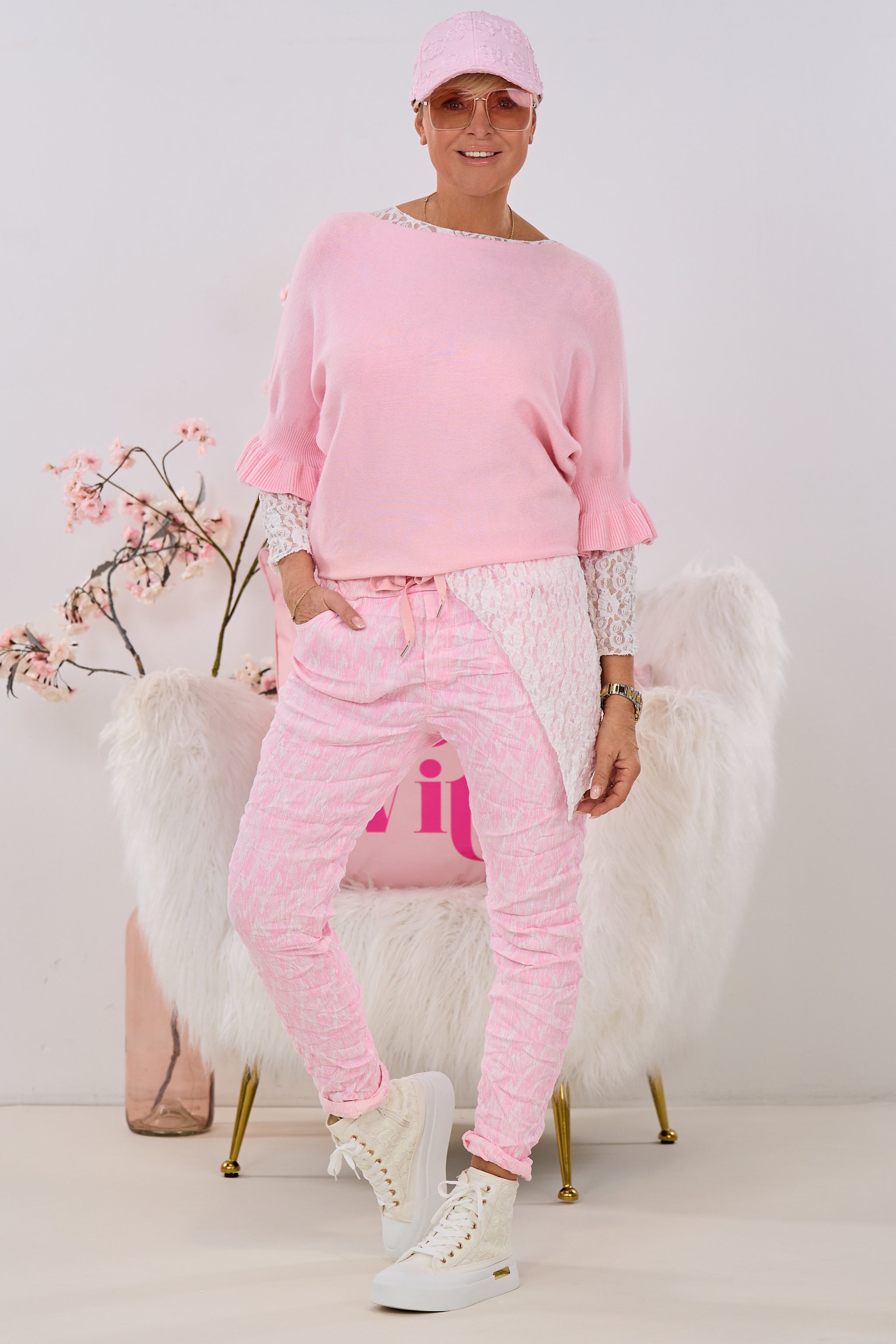 Strickpulli mit 3/4 Rüschenärmeln, rosa