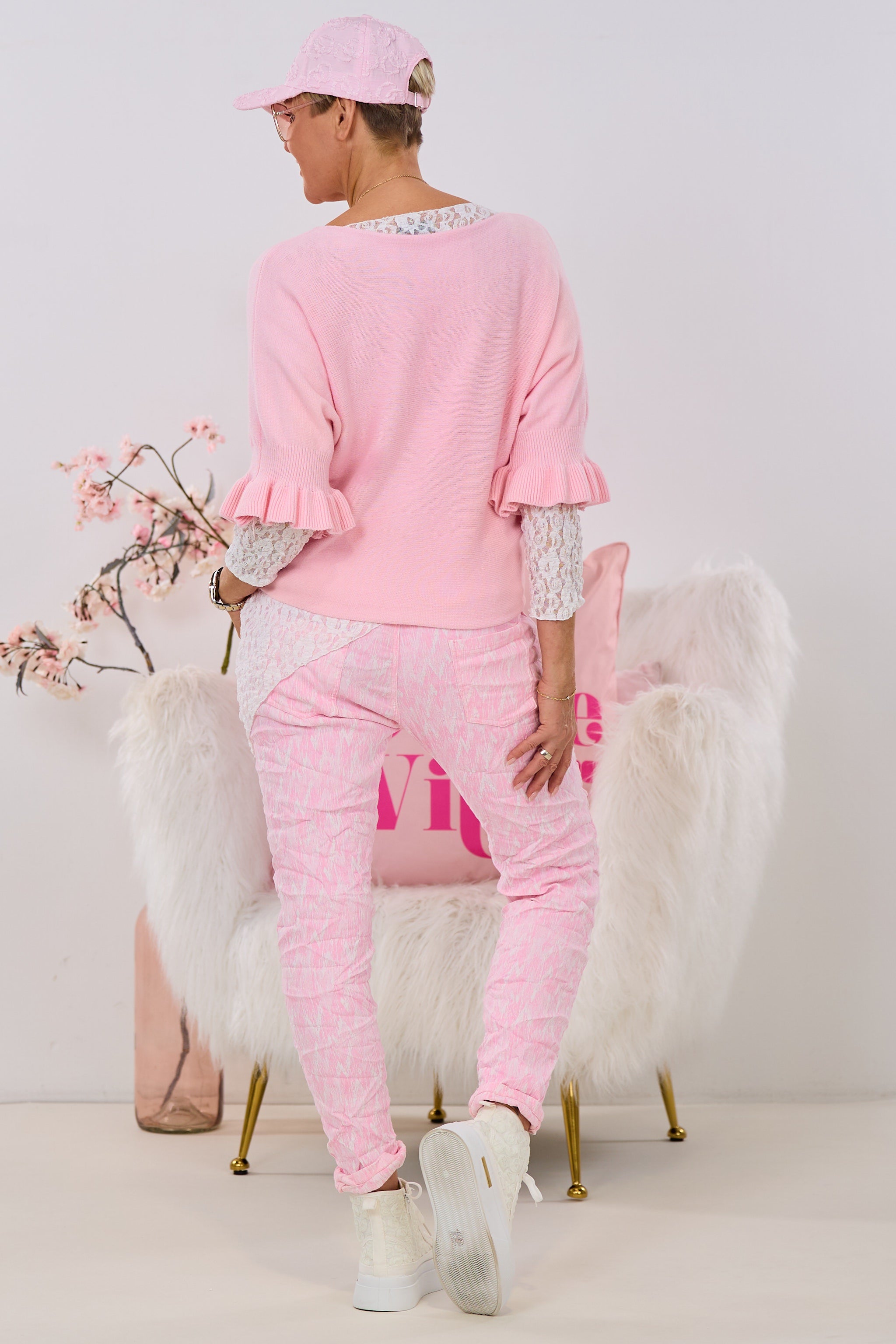 Strickpulli mit 3/4 Rüschenärmeln, rosa