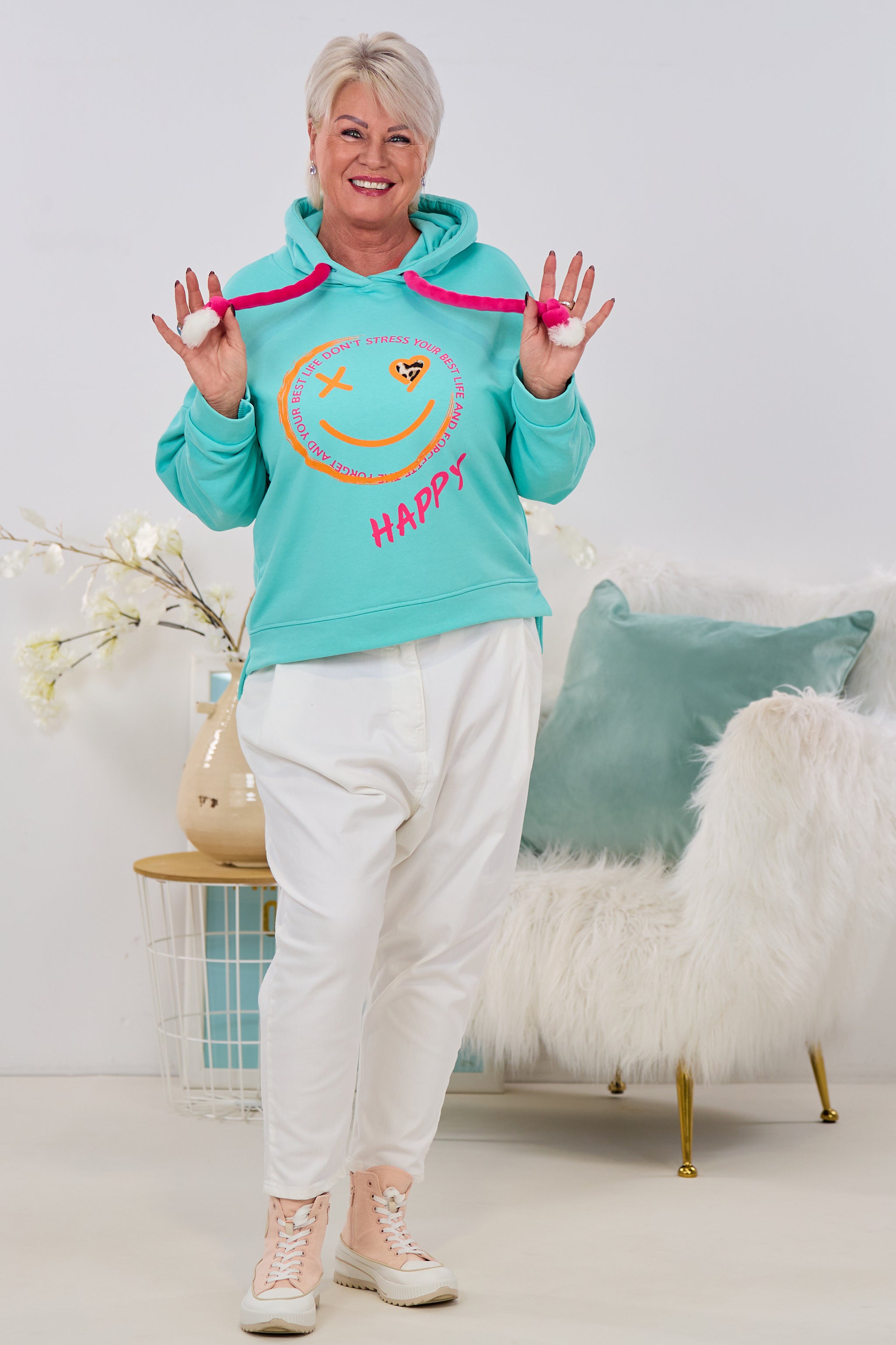 Hoodie HAPPY, türkis-pink-orange