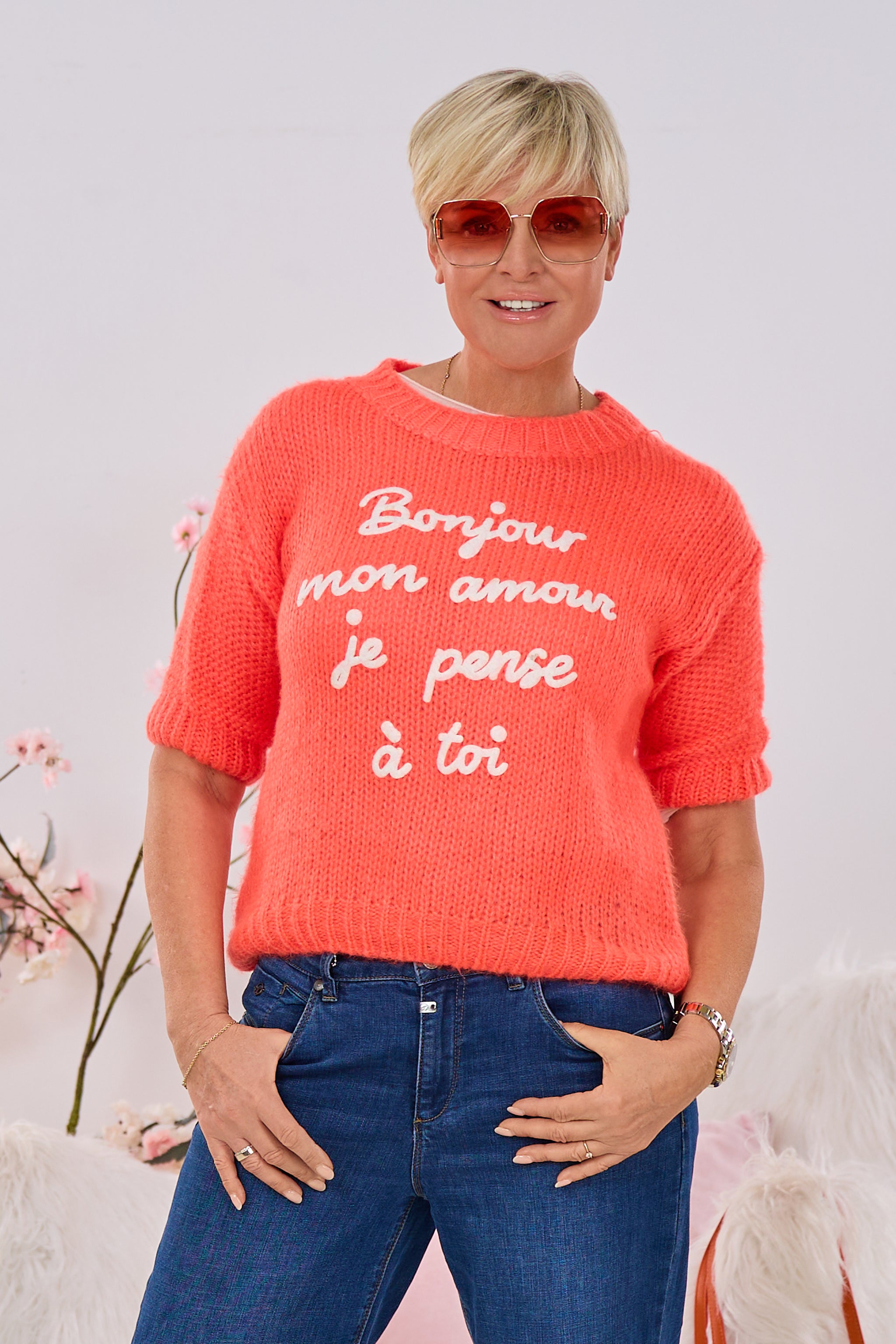 Kurzarm Strickpulli Bonjour, orange