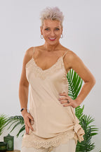 Asymmetrisches Longtop mit Spitze, beige