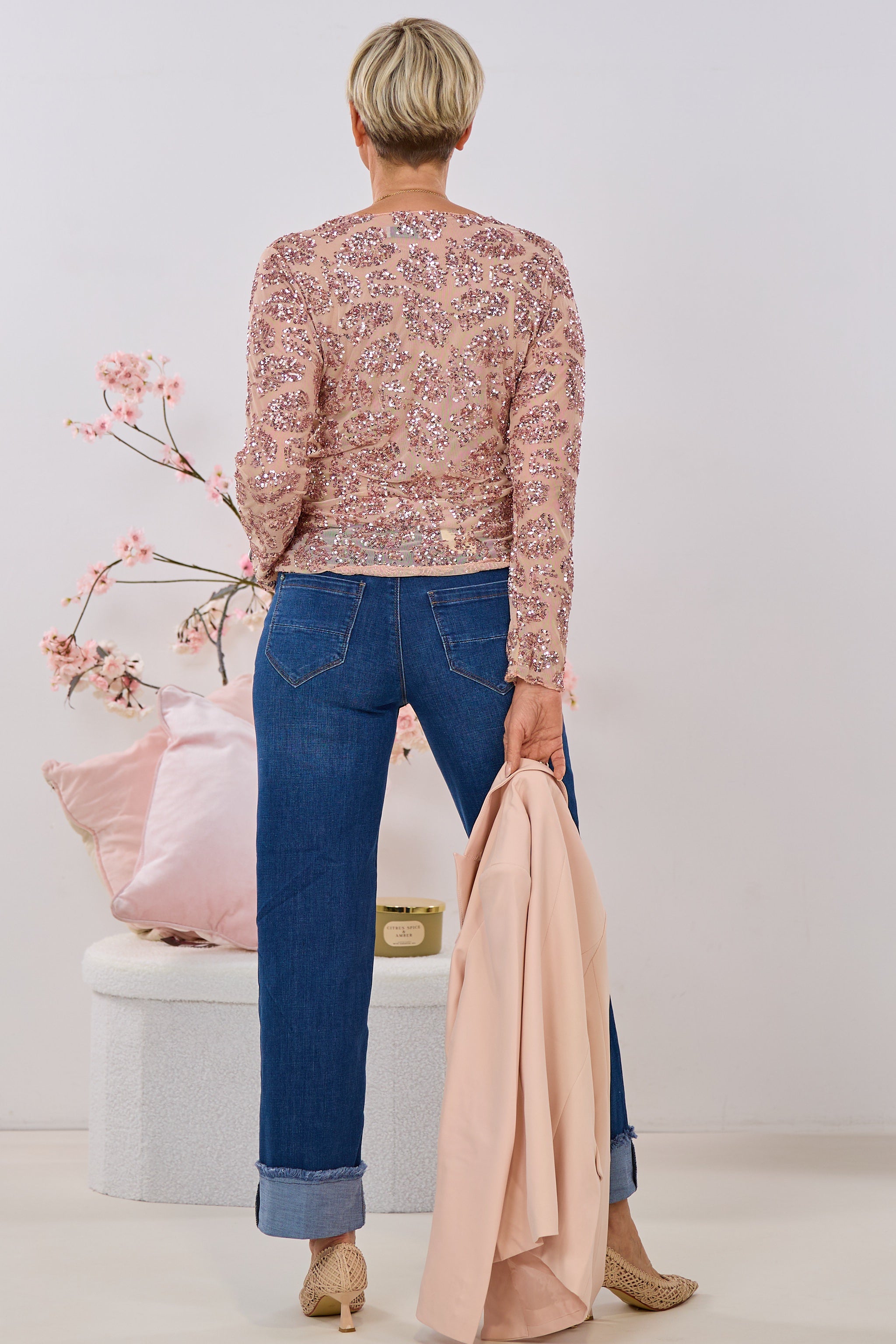 Feines Netzshirt mit Pailletten, altrosa-bronze