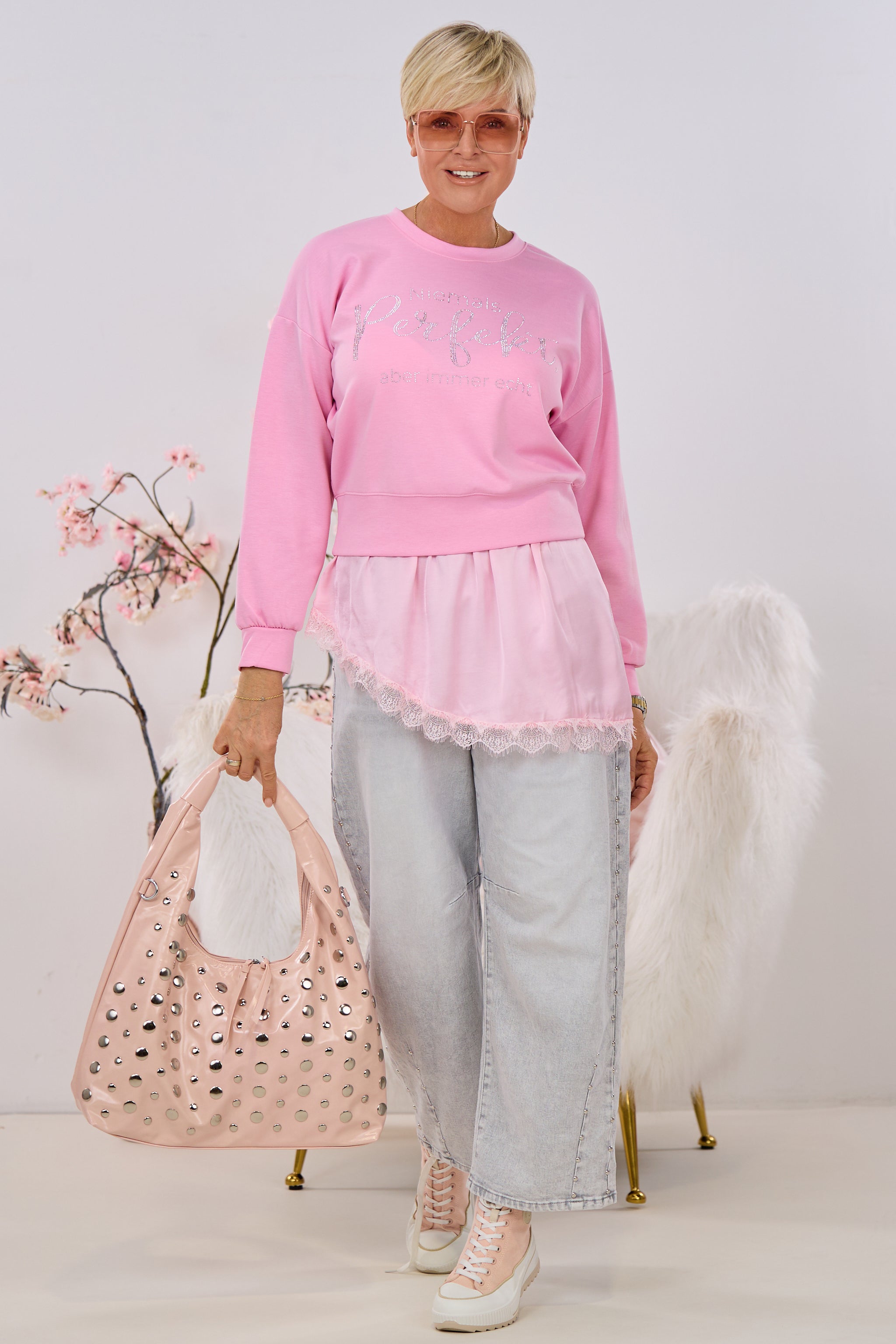 Asymmetrischer Blusenrock mit Spitze, rosa