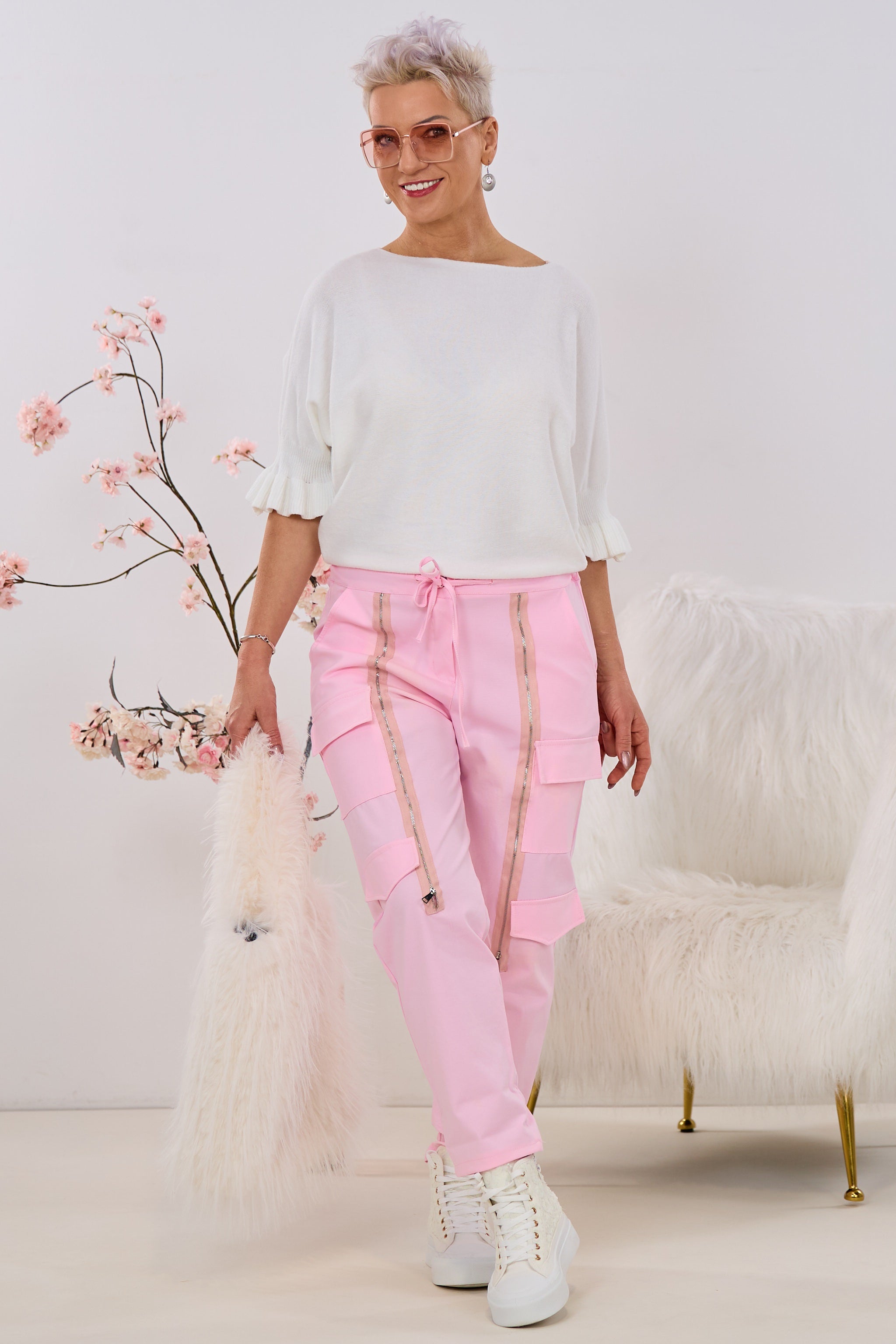 Cargohose mit Zierreißverschlüssen, rosa