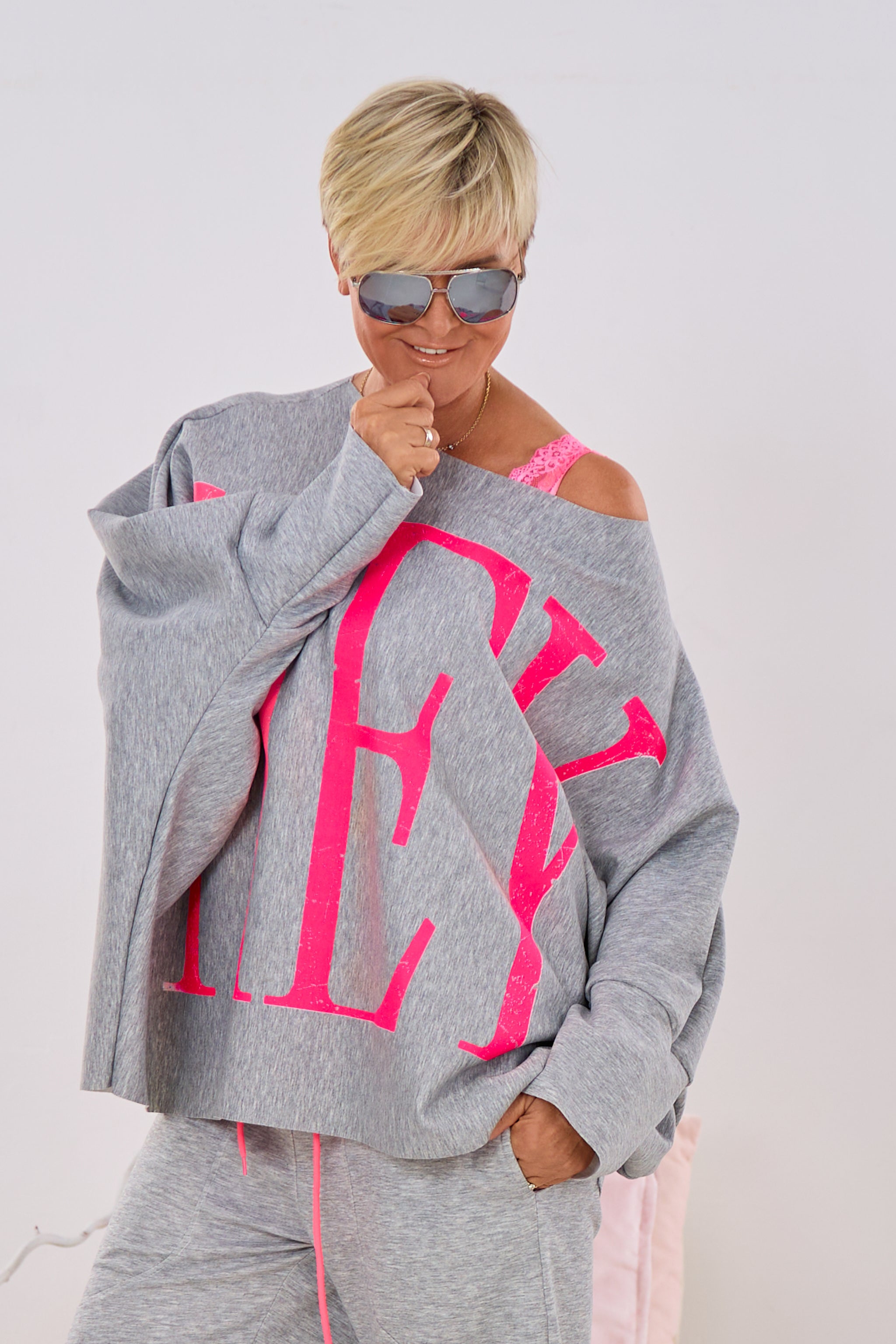 Cozy Basic Shirt HEY YOU, grau-melliert-pink