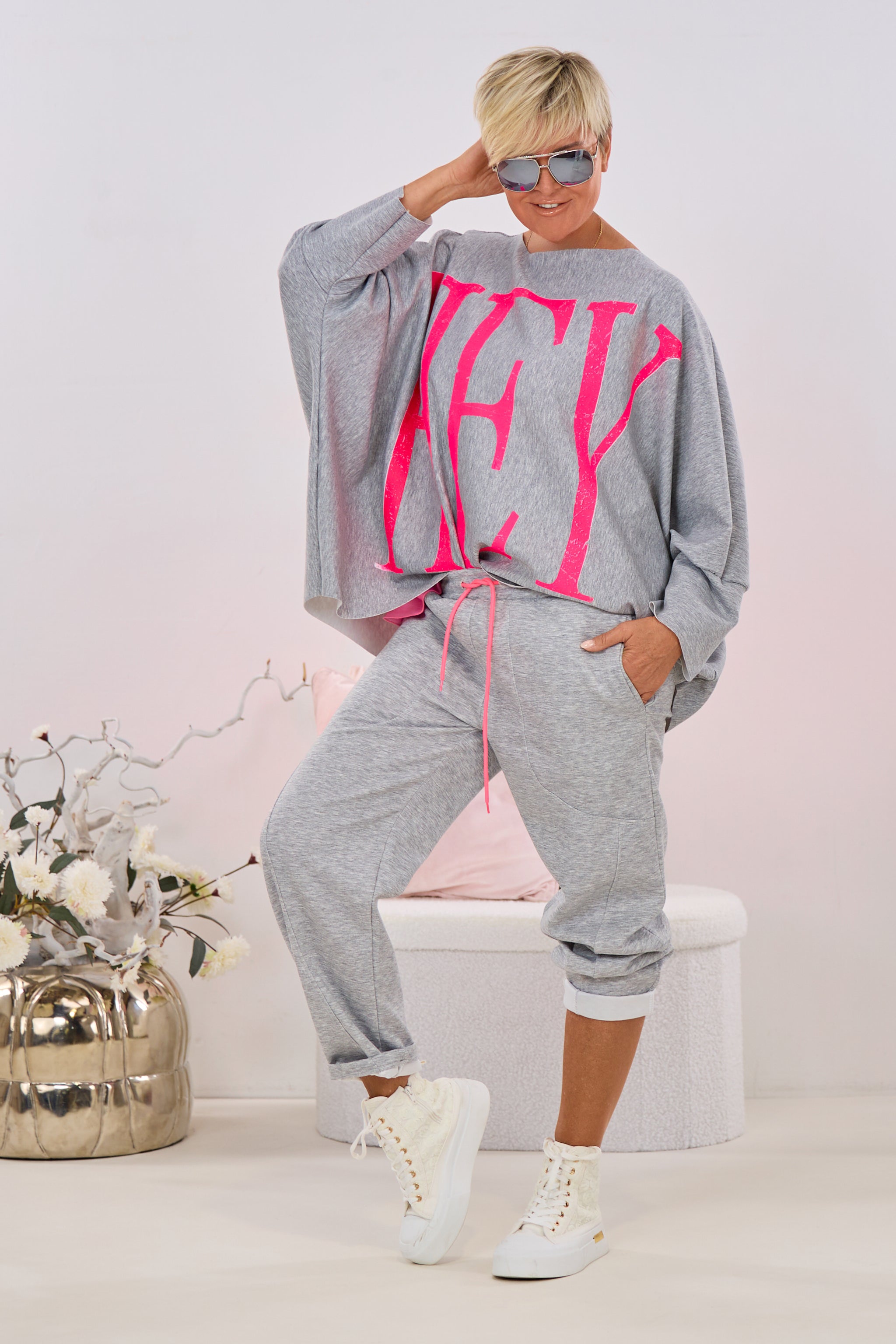 Cozy Hose mit Zierkordel, grau-melliert