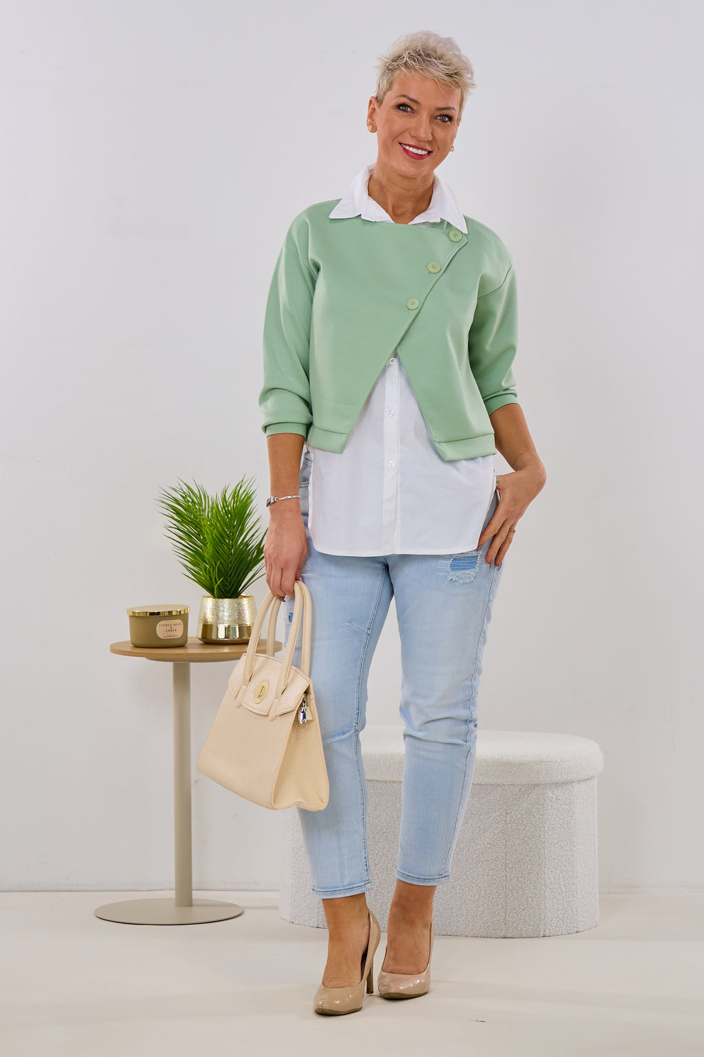 Bluse mit Cozy Jackenansatz, lindgrün-weiß
