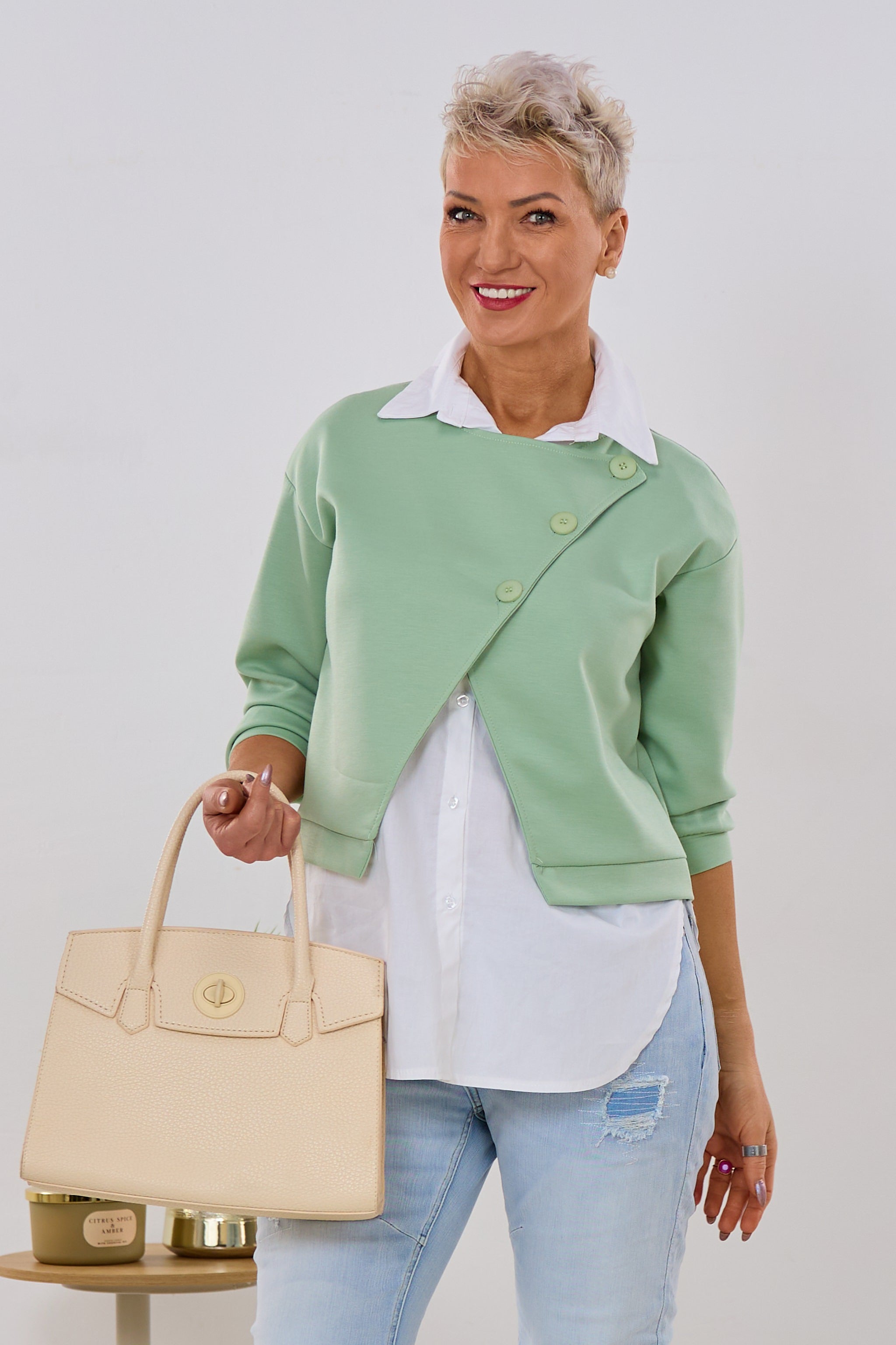 Bluse mit Cozy Jackenansatz, lindgrün-weiß