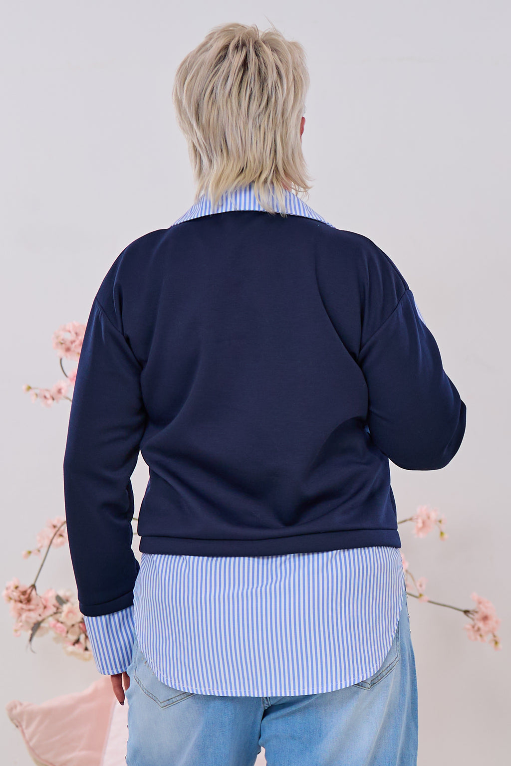 Cozy Sweaty mit  Bluseneinsatz, dunkelblau-hellblau