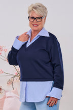 Cozy Sweaty mit  Bluseneinsatz, dunkelblau-hellblau