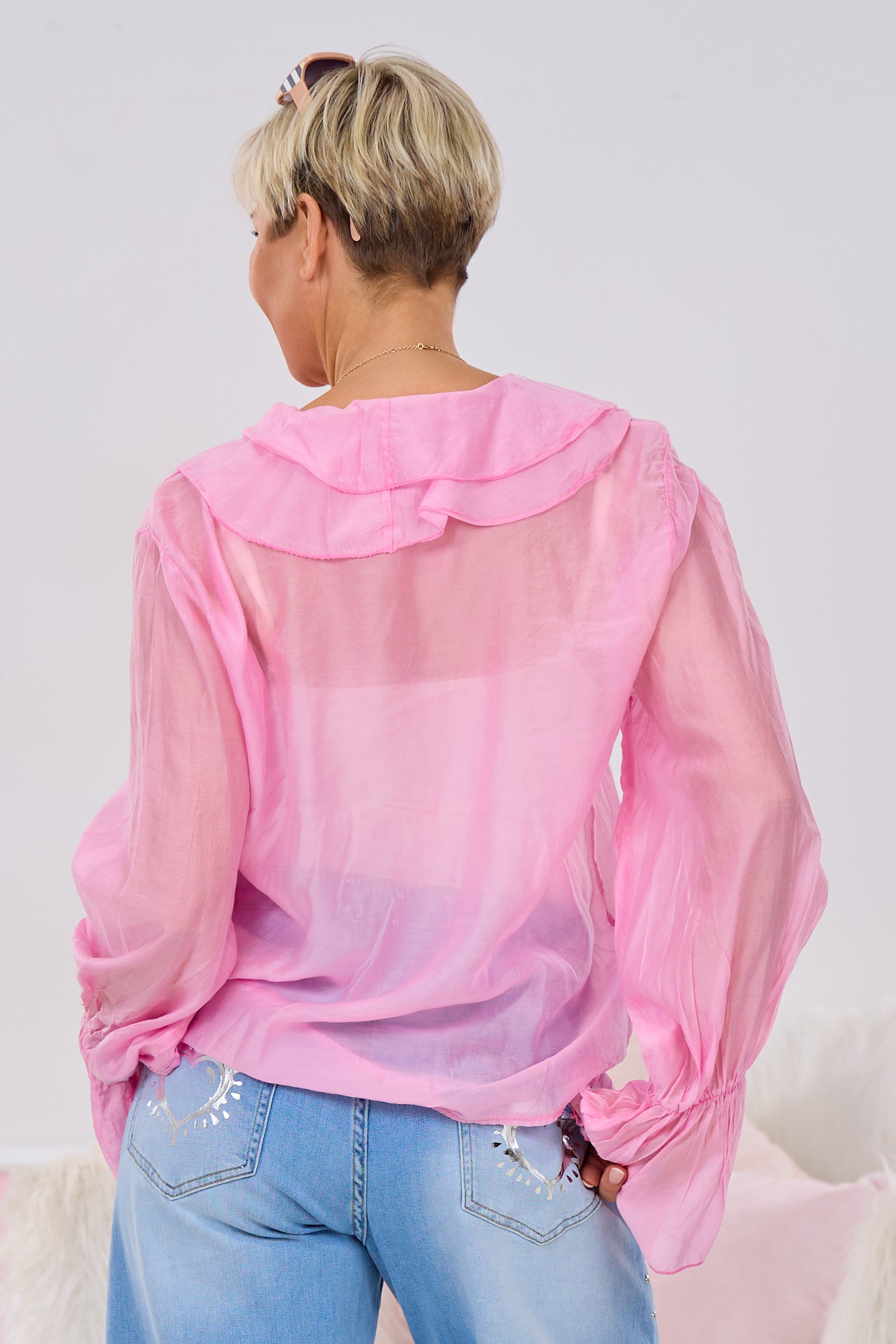 Transparente Bluse mit Volants, candy pink