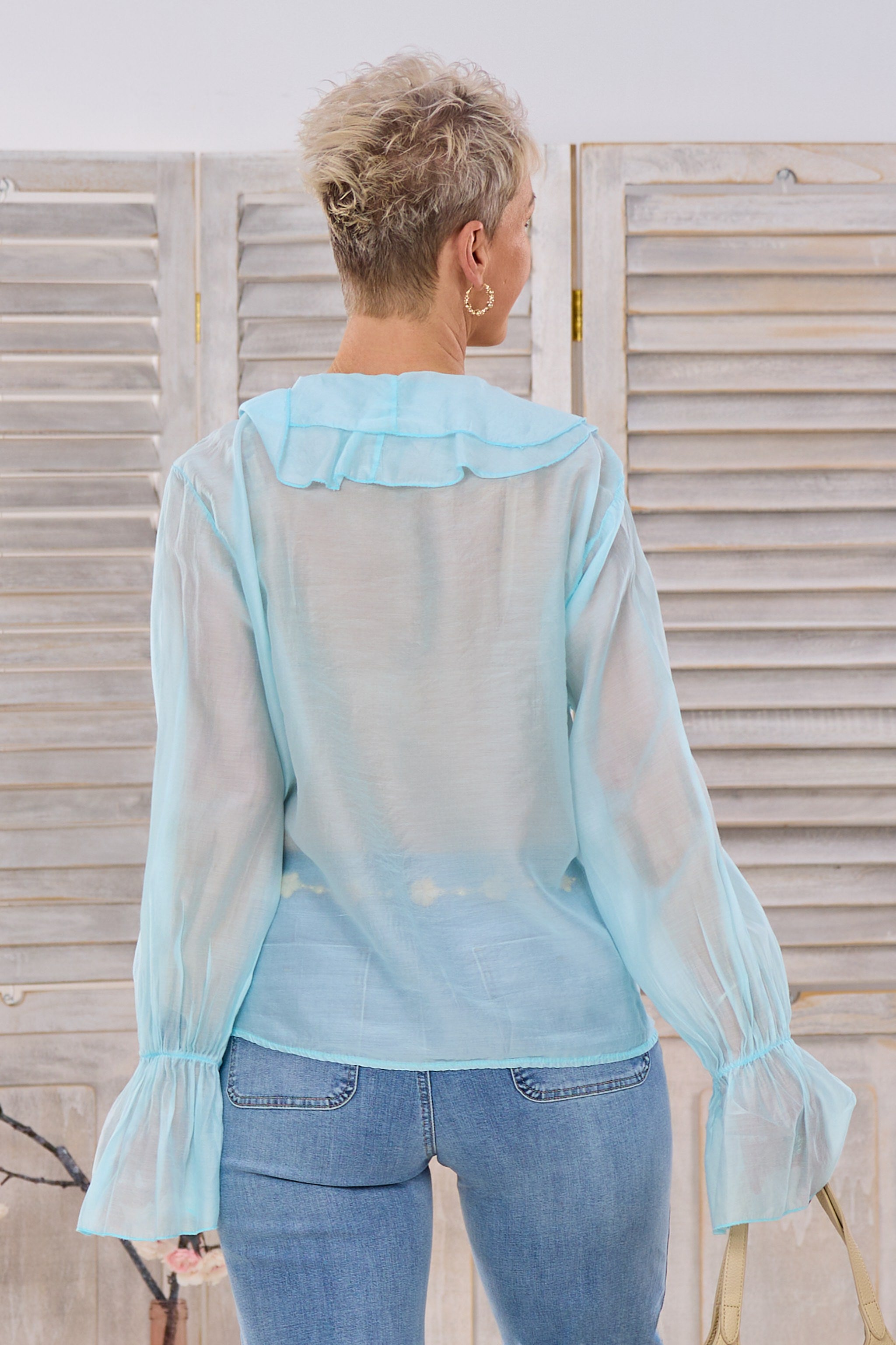 Transparente Bluse mit Volants, türkis